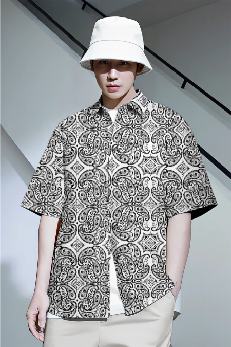 Black paisley print short sleeve shirt