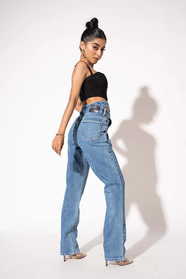 Blue Double Belt Straight High Waist Jeans - Image 4