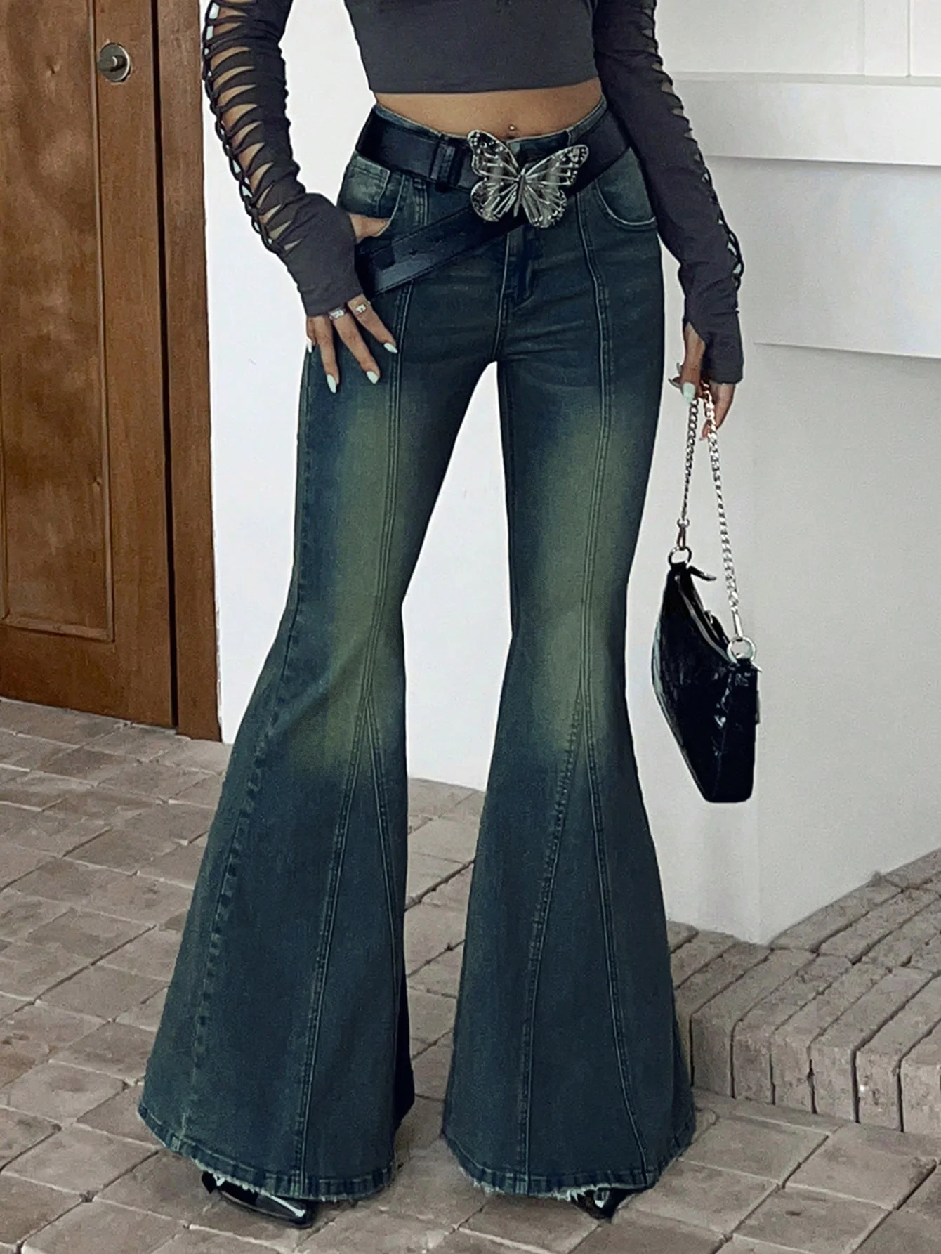 Bohemian Feels Raw Hem Stretch Flare Jeans - Image 6