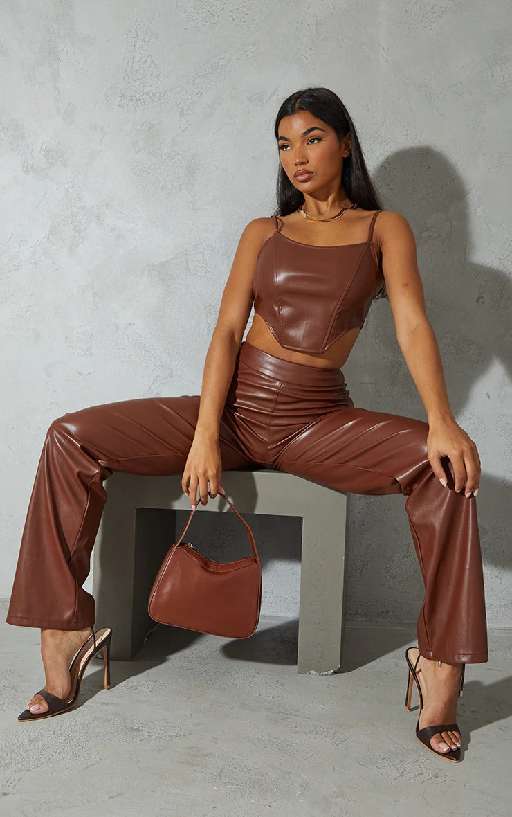 Brown Leather Corset Detail Top - Image 4
