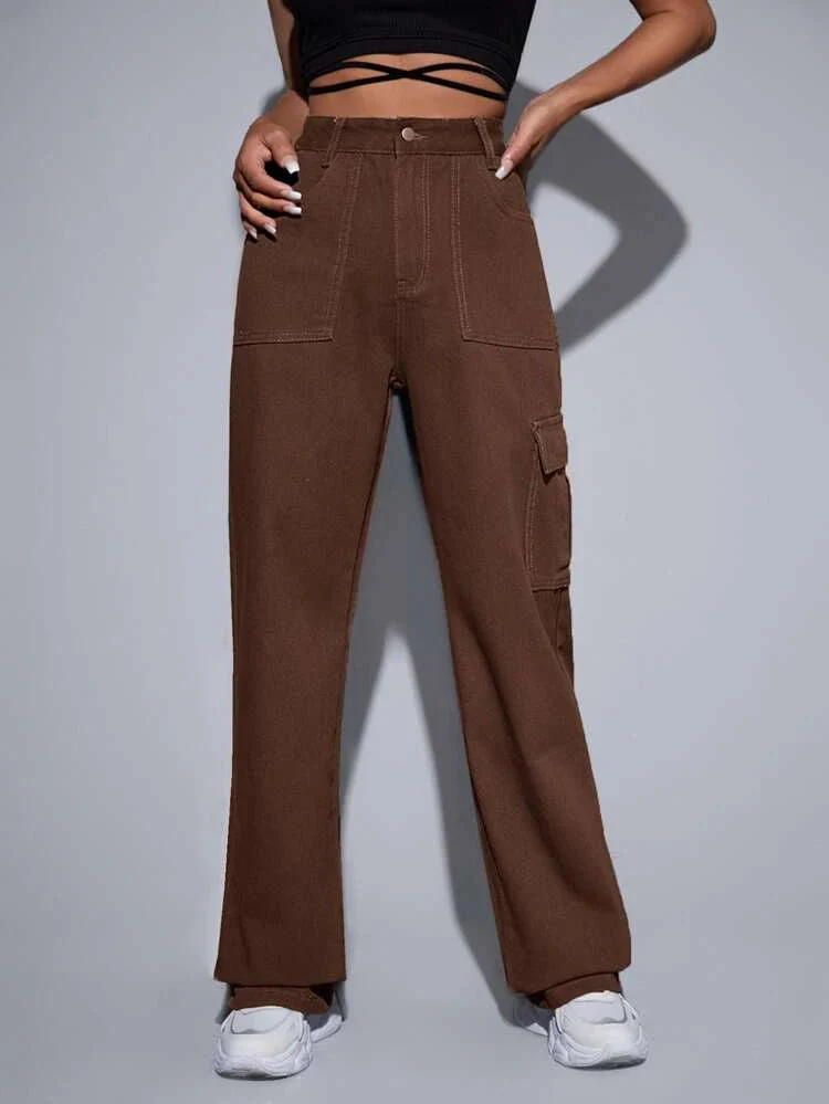 Brunette Brown Baggy Fit Cargo Jeans - Image 4
