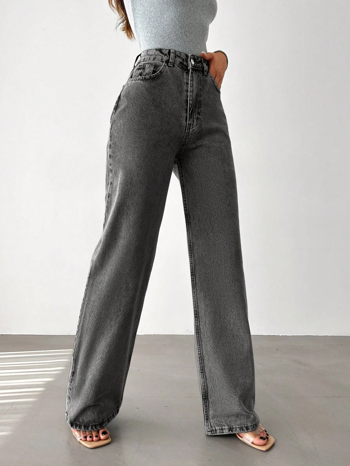 Charcoal Wide Leg High Rise Jeans - Image 3