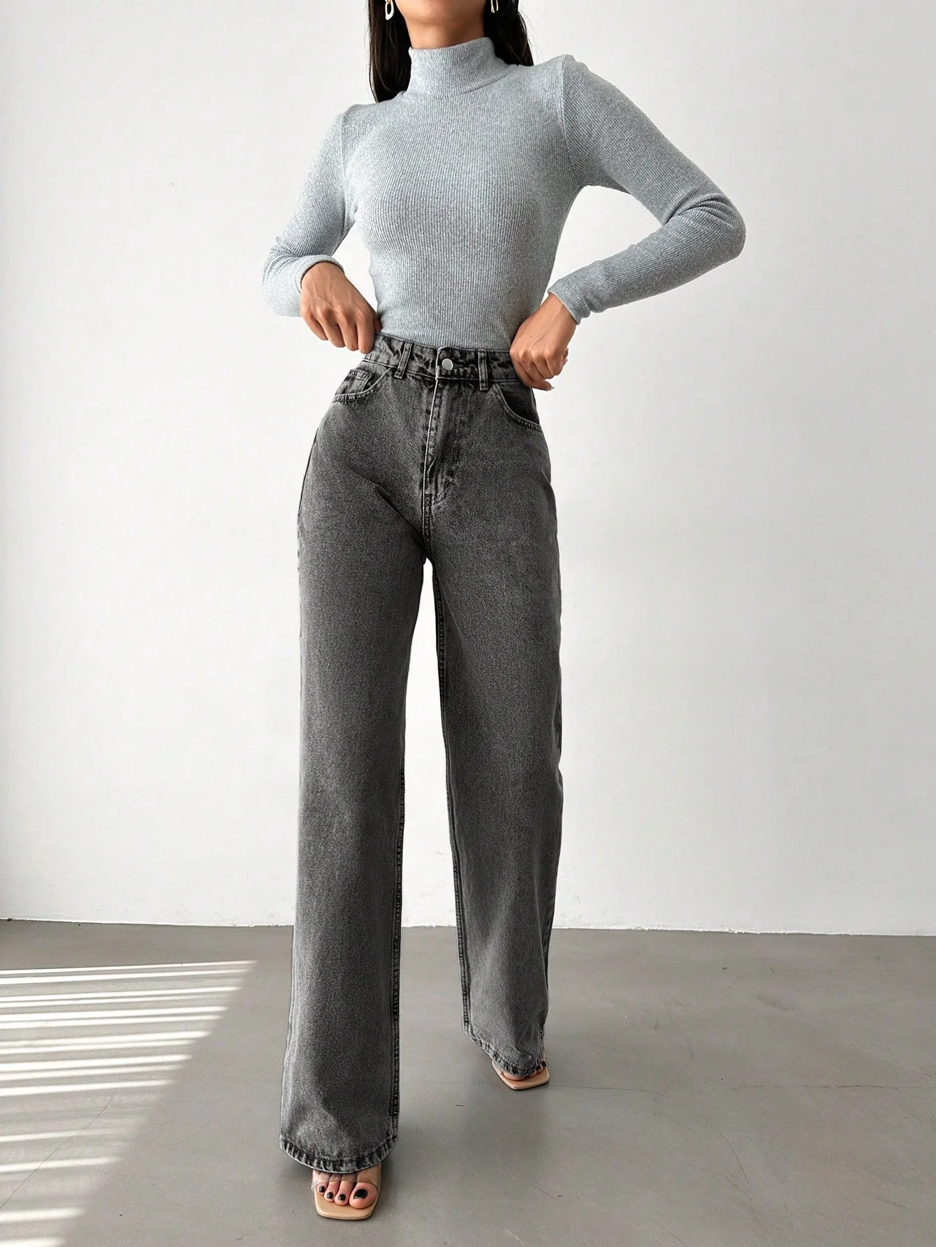 Charcoal Wide Leg High Rise Jeans - Image 4