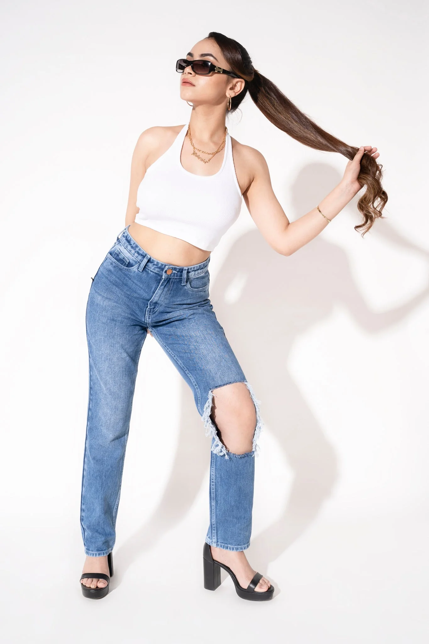 Cool Blue Open Knee Straight Leg Jeans - Image 3
