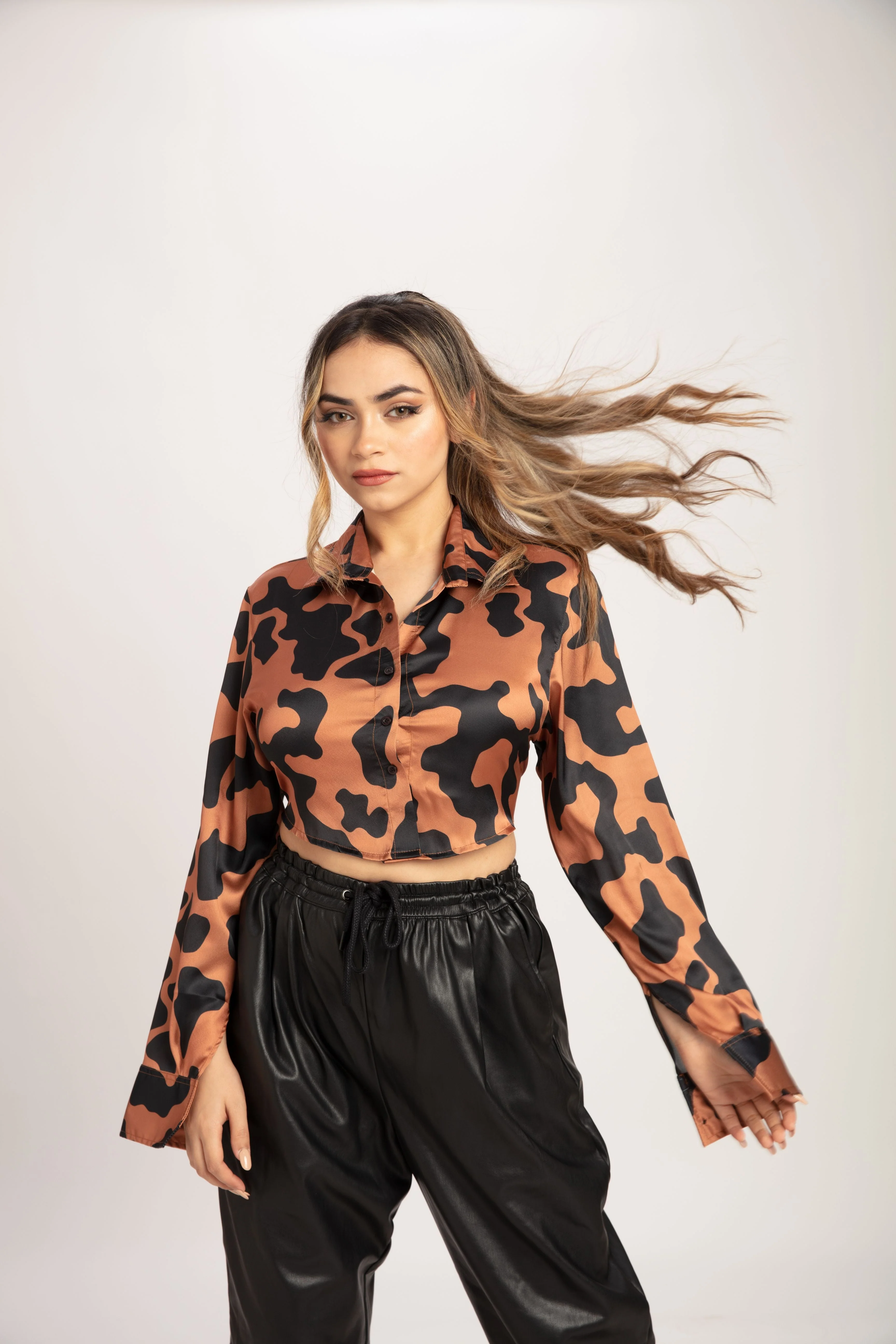 Cow Print Open Black Satin Shirt - Image 2