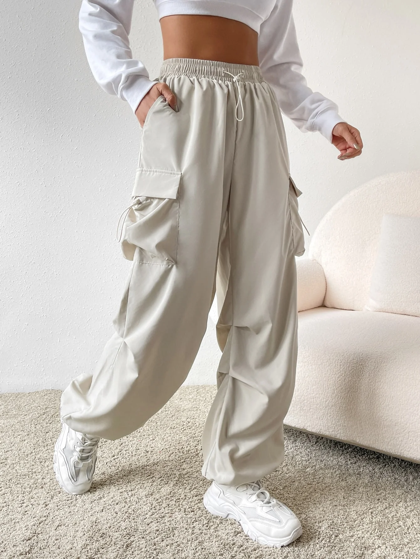 Drawstring Waist Flap Parachute Cargo Trousers - Image 10