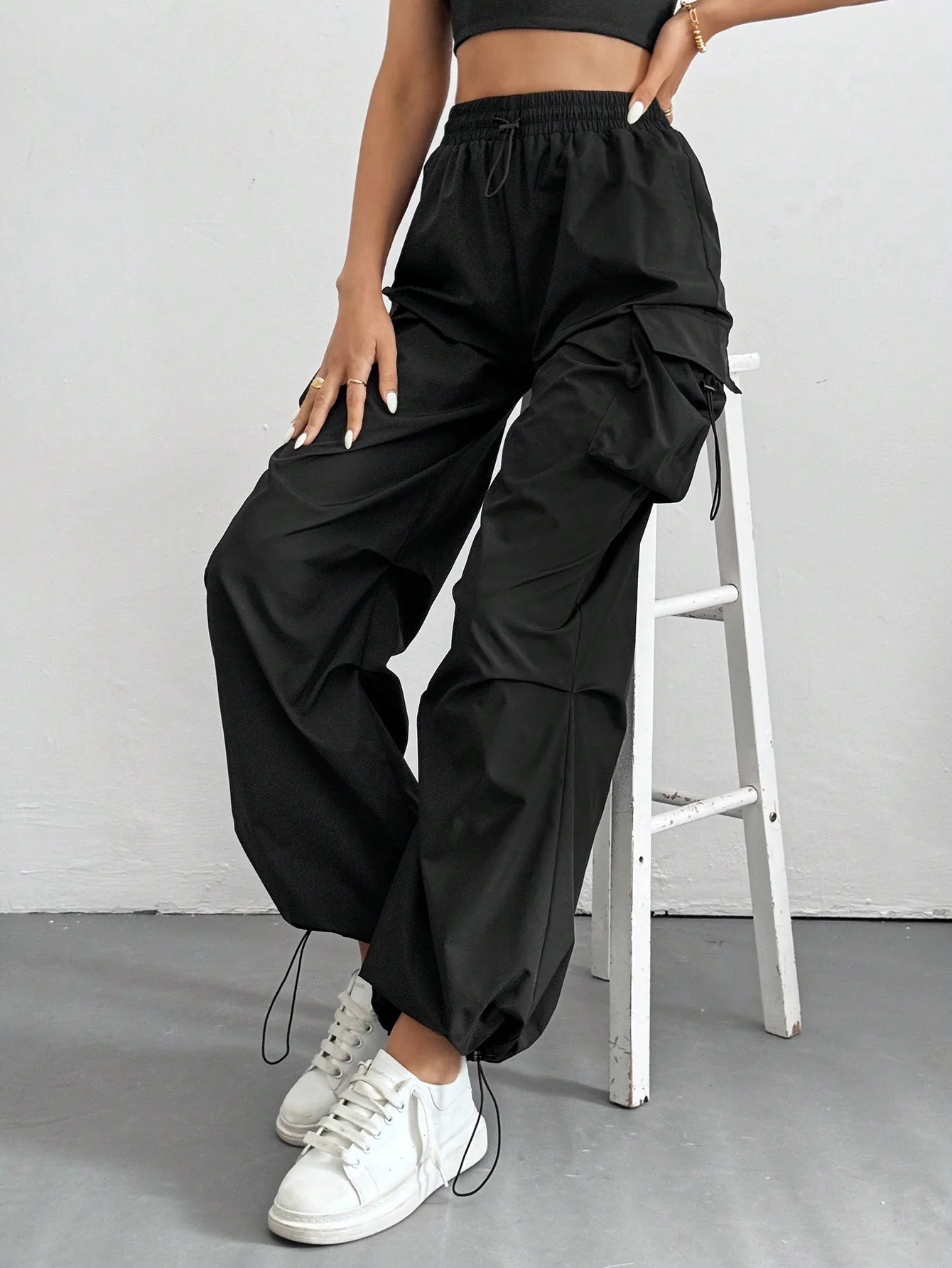 Drawstring Waist Flap Parachute Cargo Trousers - Image 14