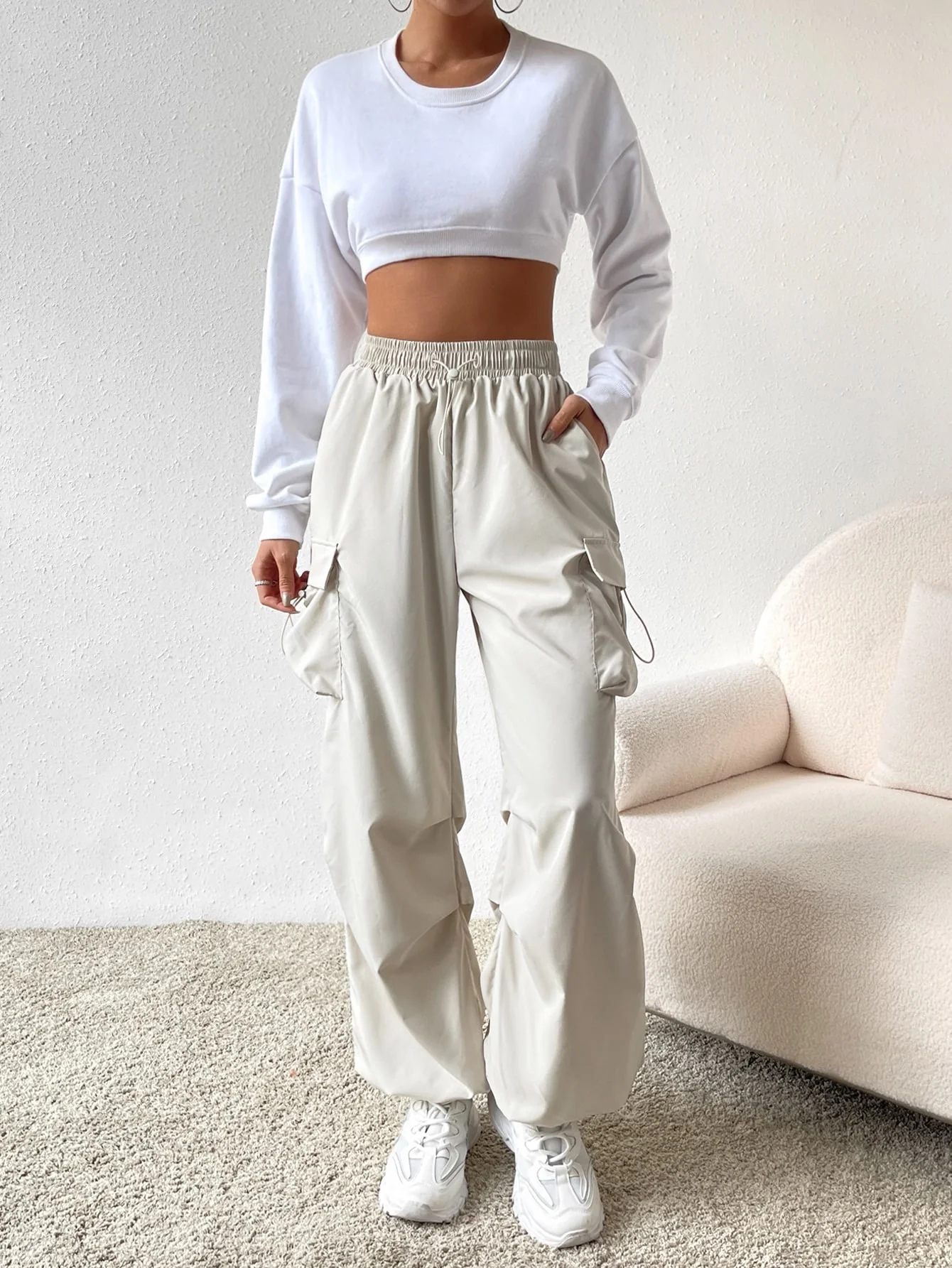 Drawstring Waist Flap Parachute Cargo Trousers - Image 17