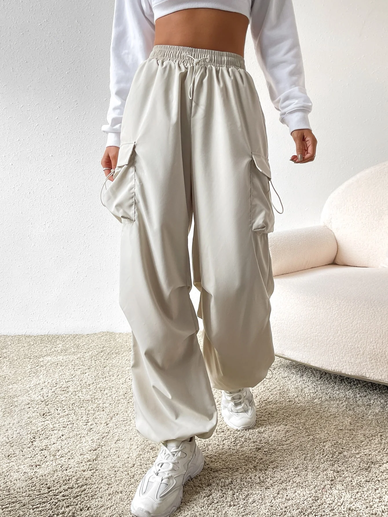 Drawstring Waist Flap Parachute Cargo Trousers - Image 18