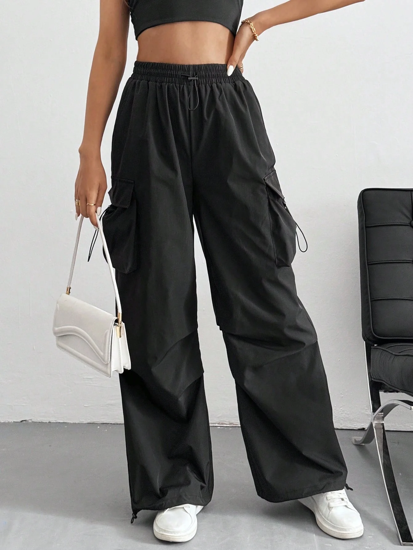 Drawstring Waist Flap Parachute Cargo Trousers - Image 2