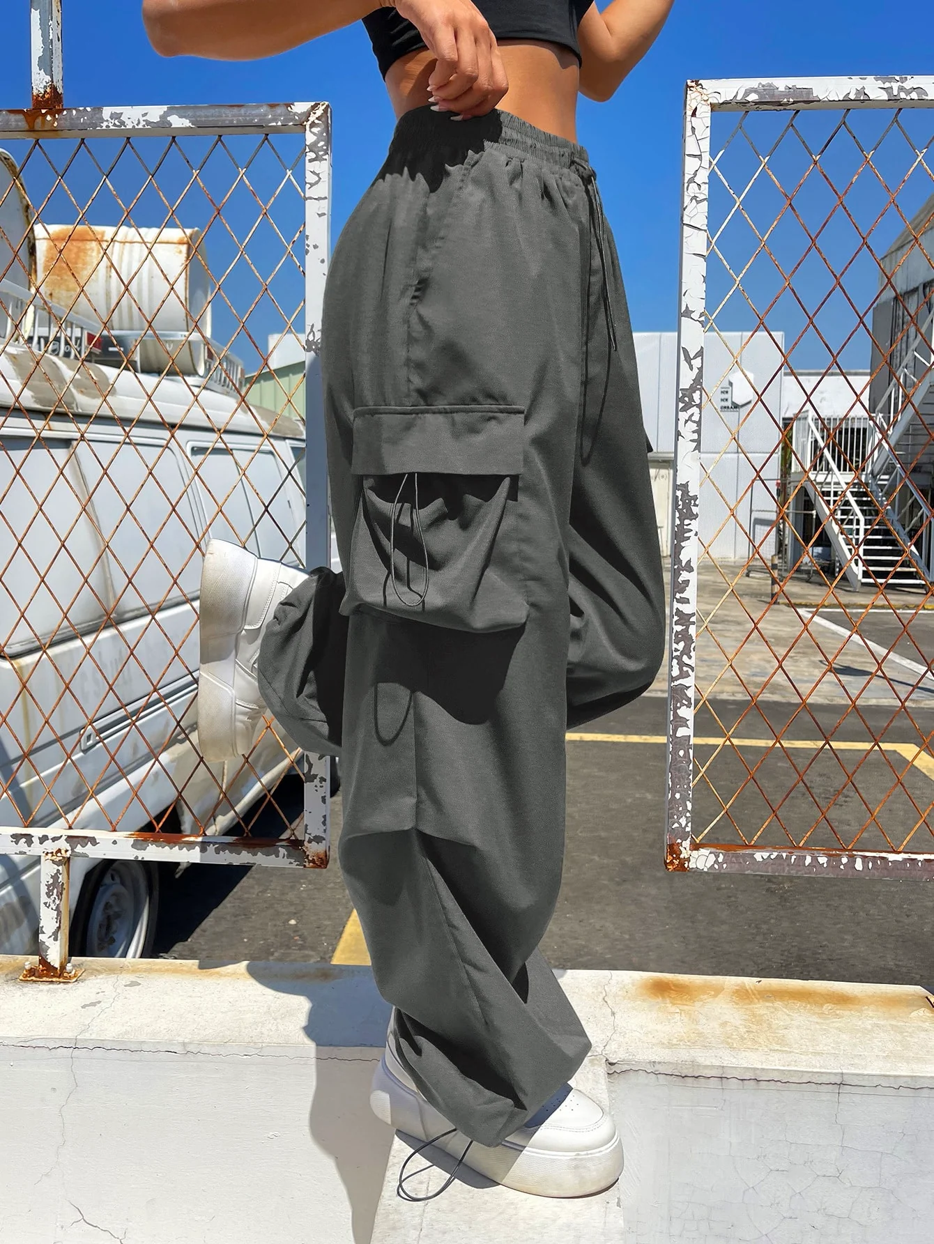 Drawstring Waist Flap Parachute Cargo Trousers - Image 21