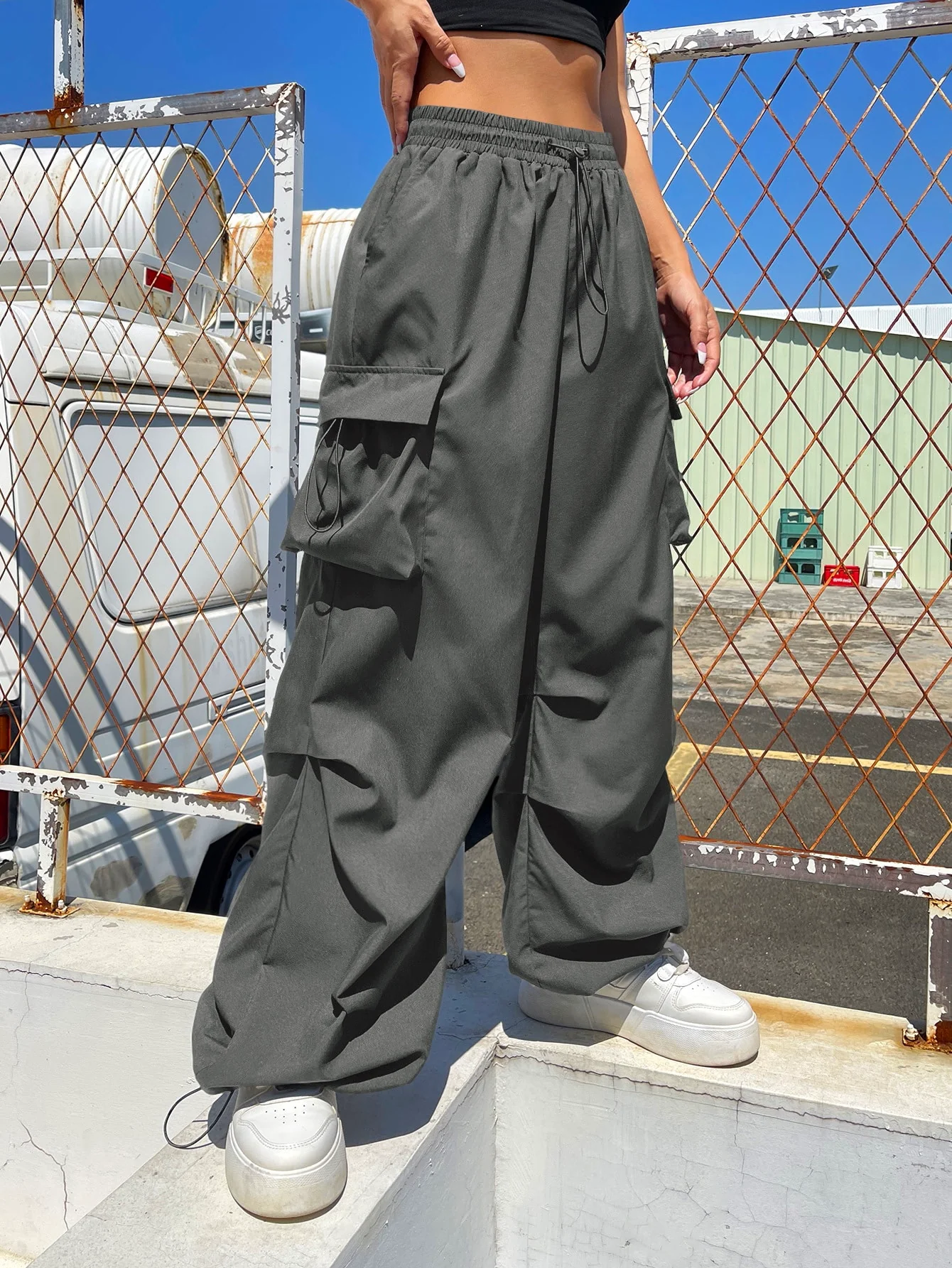 Drawstring Waist Flap Parachute Cargo Trousers - Image 23