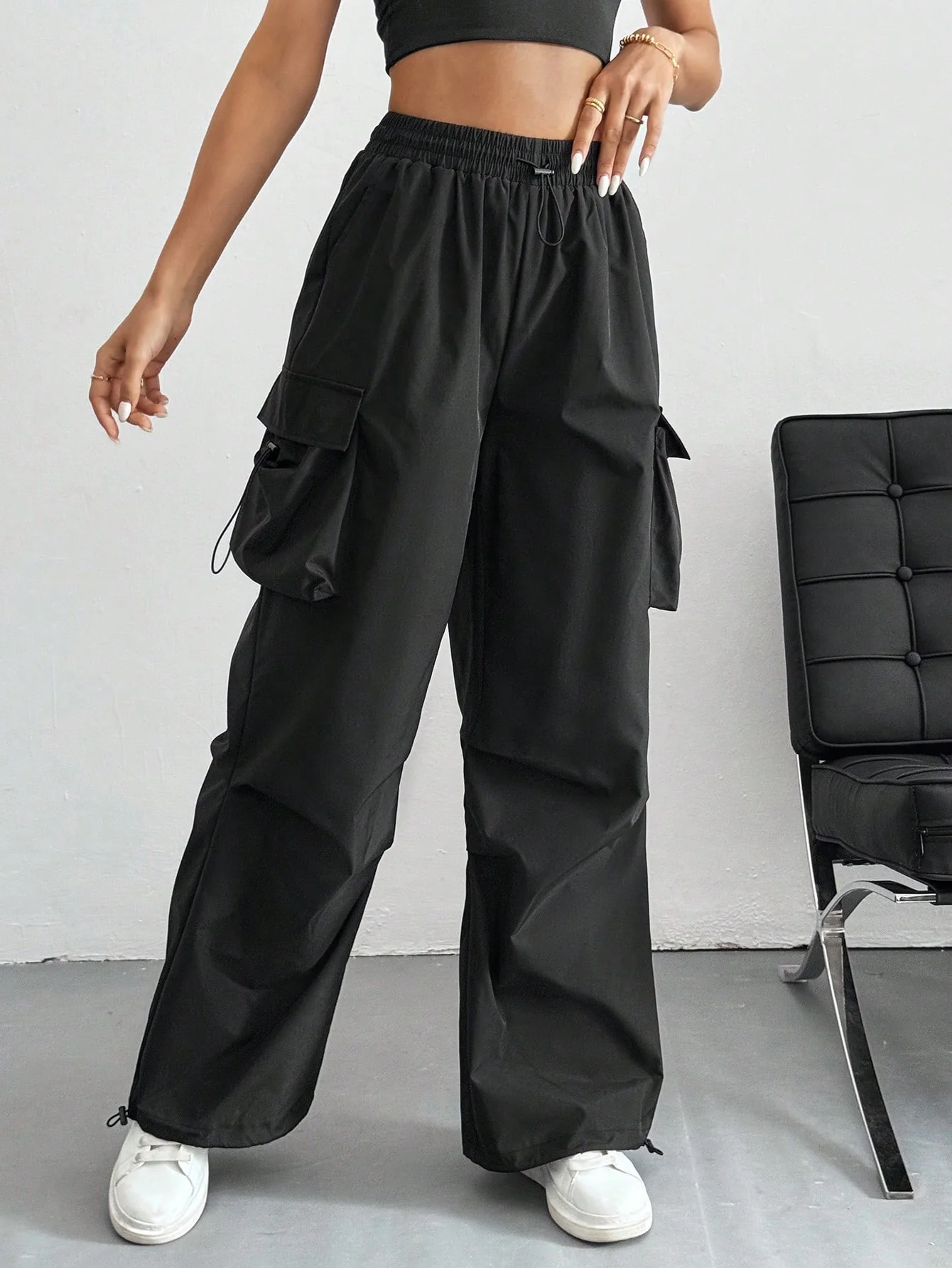 Drawstring Waist Flap Parachute Cargo Trousers - Image 3