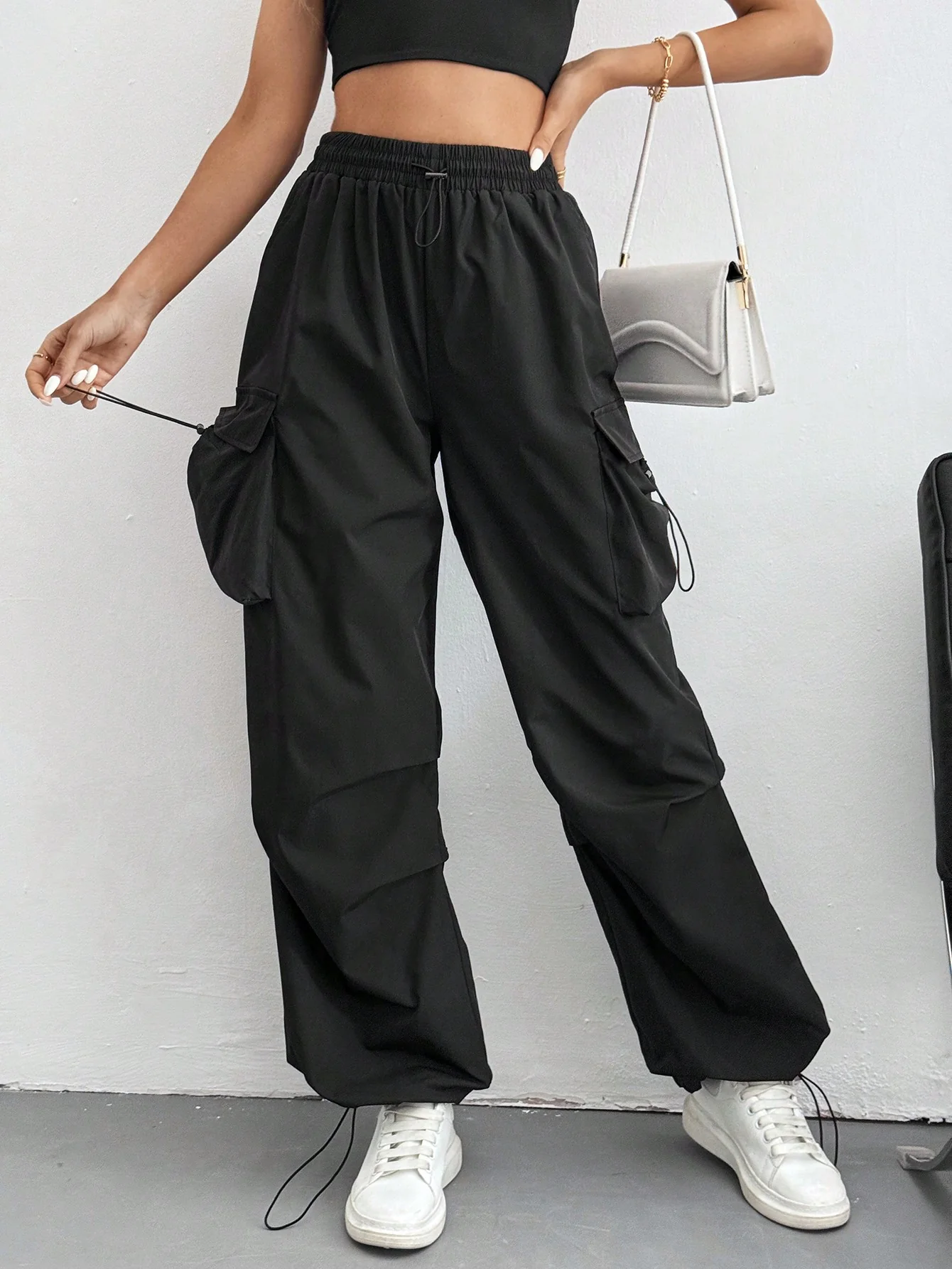 Drawstring Waist Flap Parachute Cargo Trousers - Image 5
