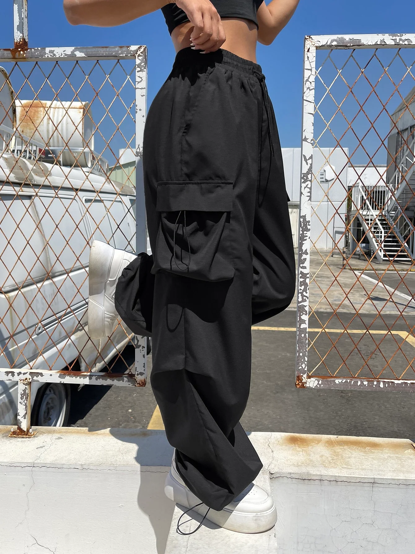 Drawstring Waist Flap Parachute Cargo Trousers - Image 7