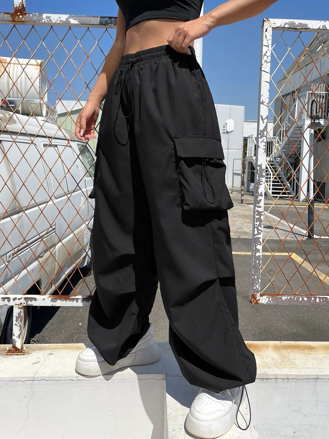 Drawstring Waist Flap Parachute Cargo Trousers - Image 8