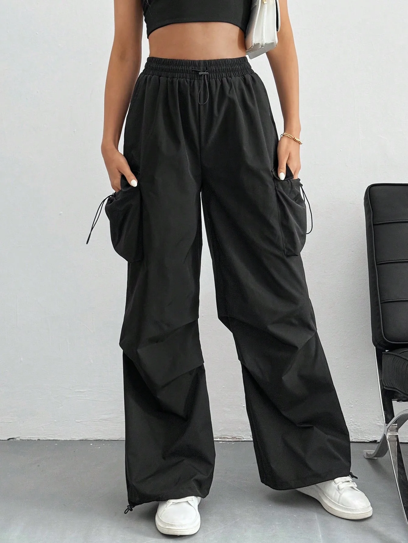 Drawstring Waist Flap Parachute Cargo Trousers - Image 9