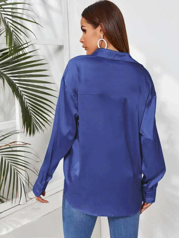 Electric Blue Drop Shoulder Satin Shirt - Image 2