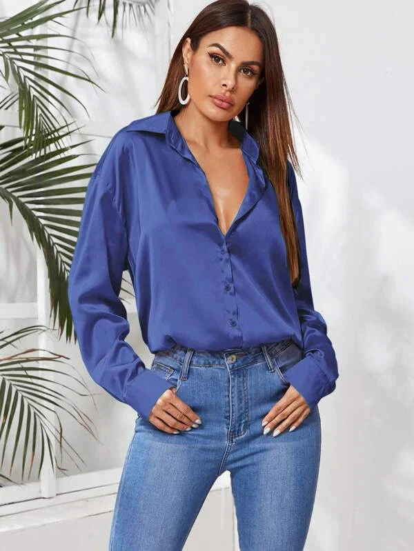 Electric Blue Drop Shoulder Satin Shirt - Image 3