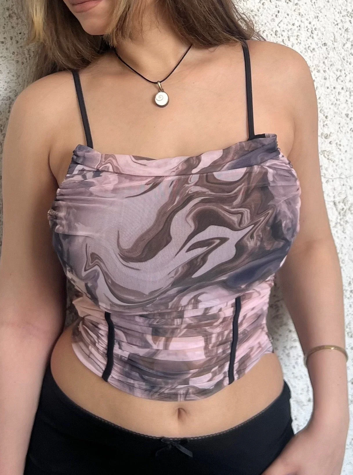 Fluid Art Printed Ruched Mesh Top - Image 4