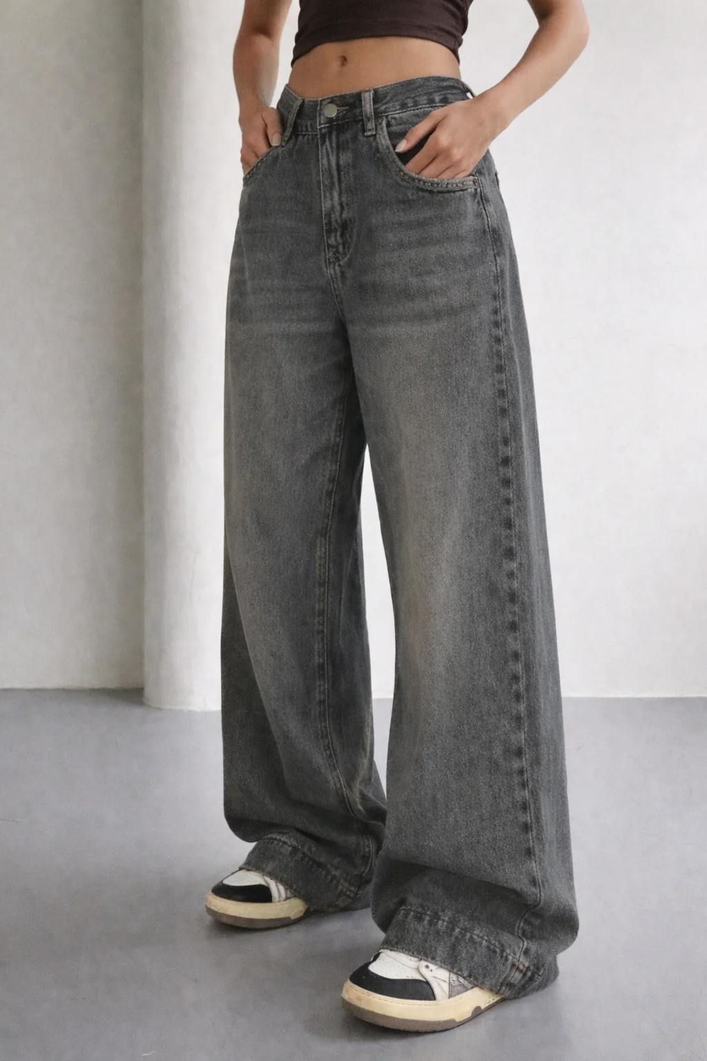 Grey Vintage Washed Wide Leg Baggy Jeans - Image 2
