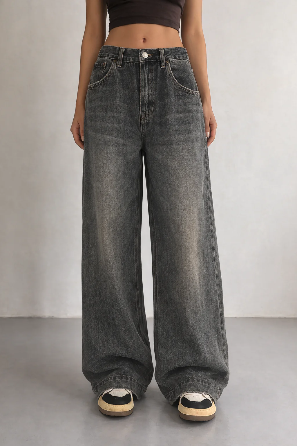 Grey Vintage Washed Wide Leg Baggy Jeans - Image 5