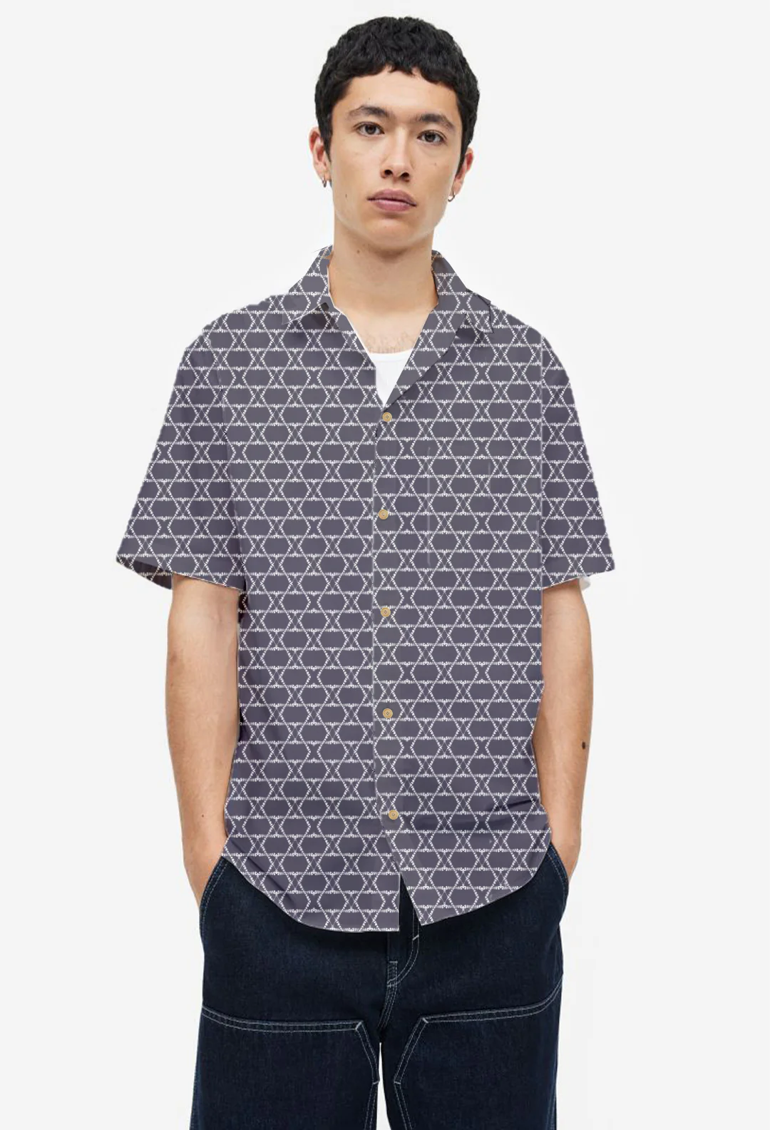 Greyish Blue geometric Print Short Sleeve Shirt