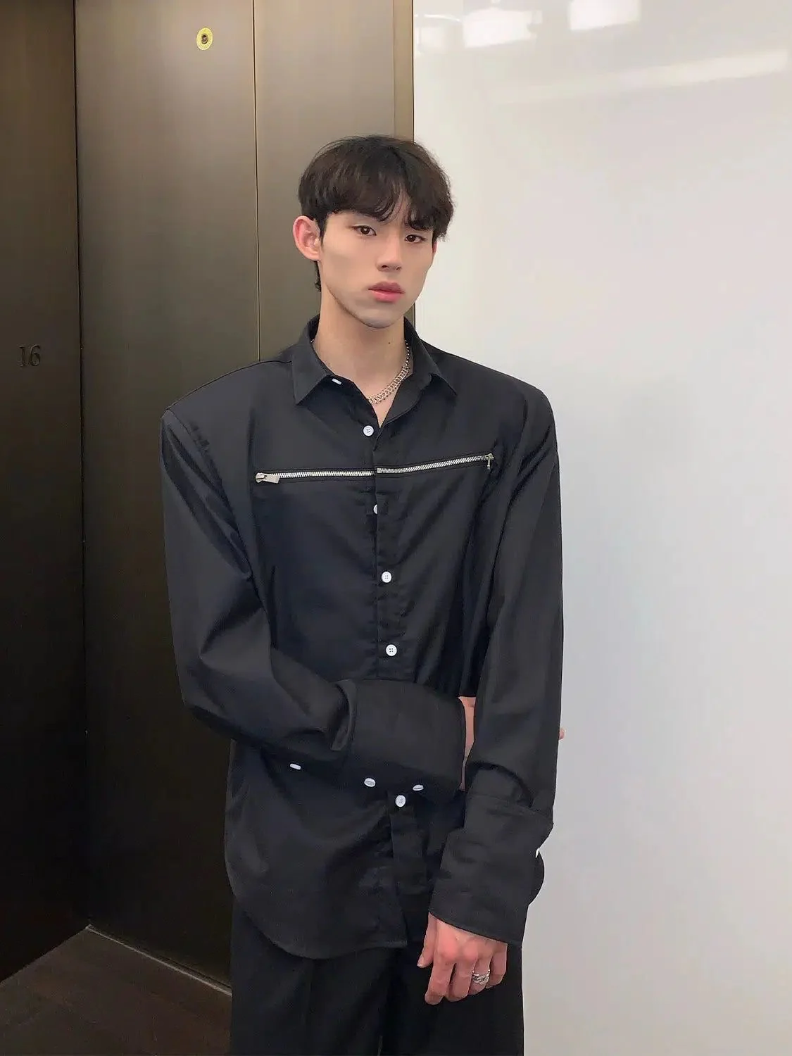 Korean Style Zip Details Long-sleeved Shirt - Image 2