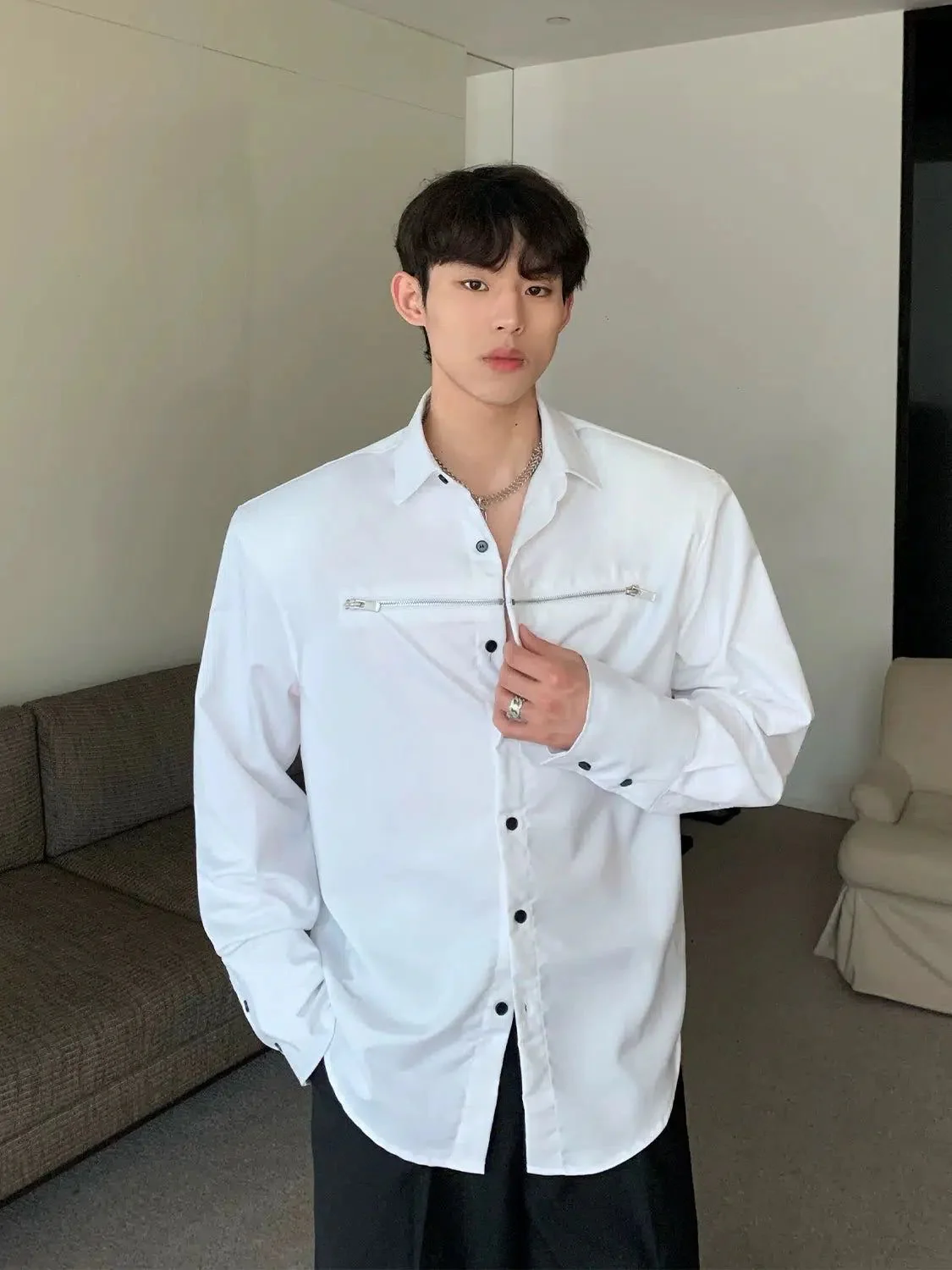 Korean Style Zip Details Long-sleeved Shirt - Image 3