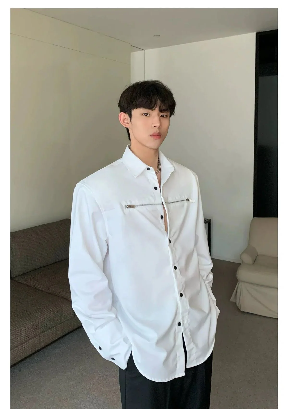 Korean Style Zip Details Long-sleeved Shirt - Image 4