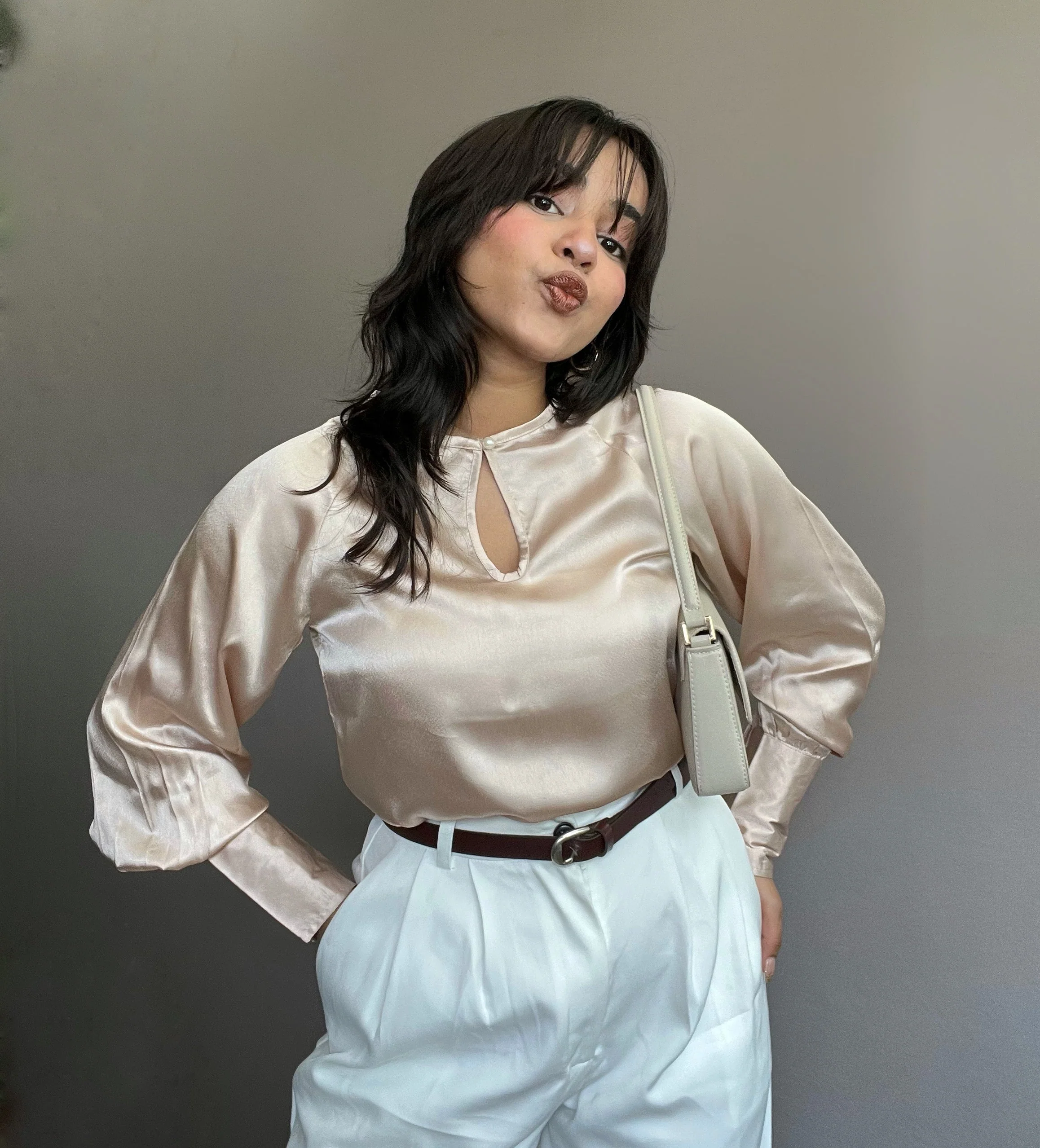 Loose Satin Blouse With Wide Puff Sleeve - Image 4
