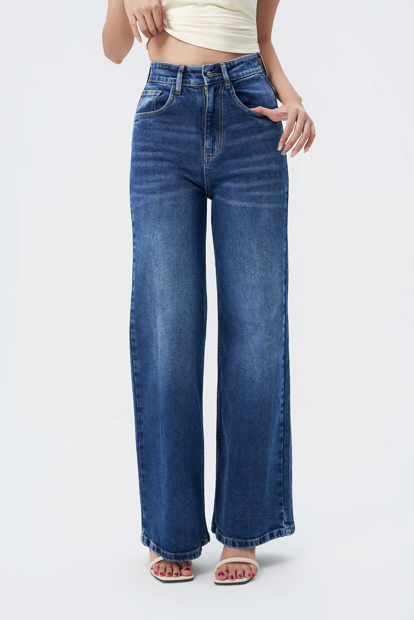 Mid Blue Overcast Wash High Waist Wide Leg Jeans - Image 7