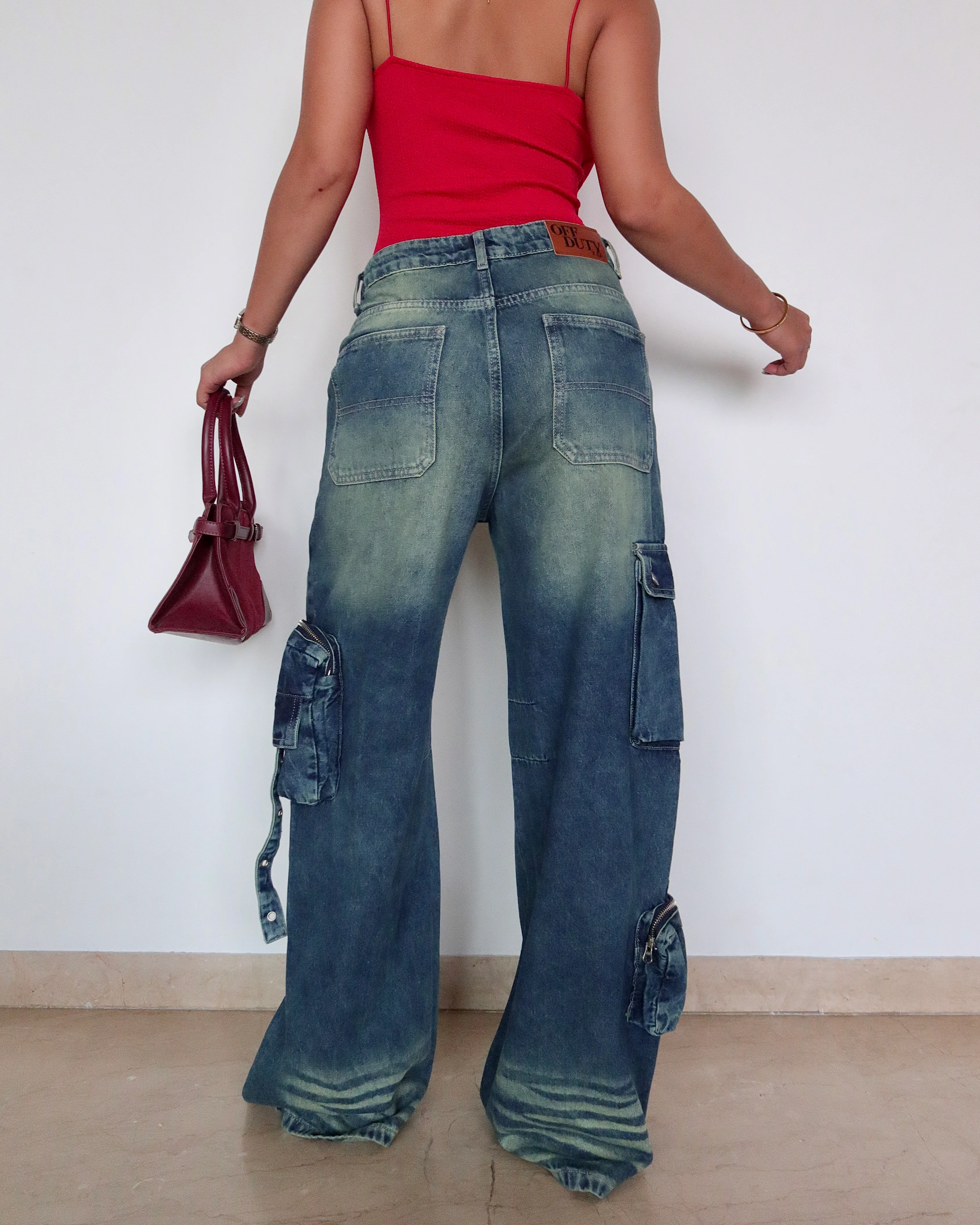Navy Solar Wide Leg Cargo Jeans - Image 6