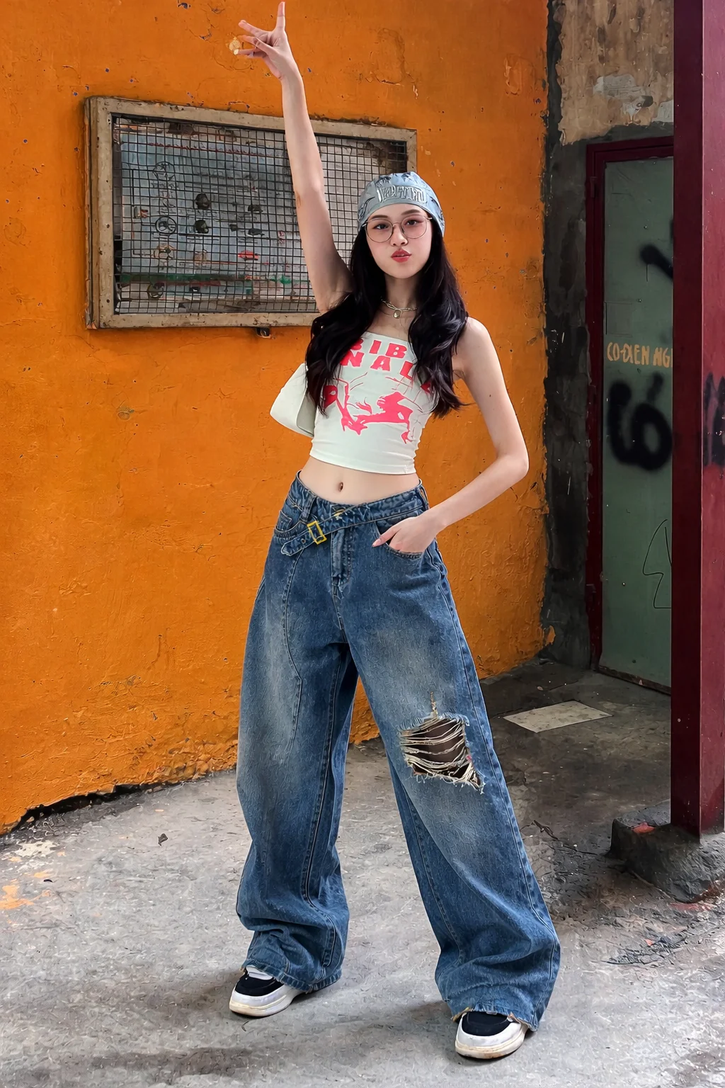 Off Beat Distressed Blue Baggy Jeans - Image 4
