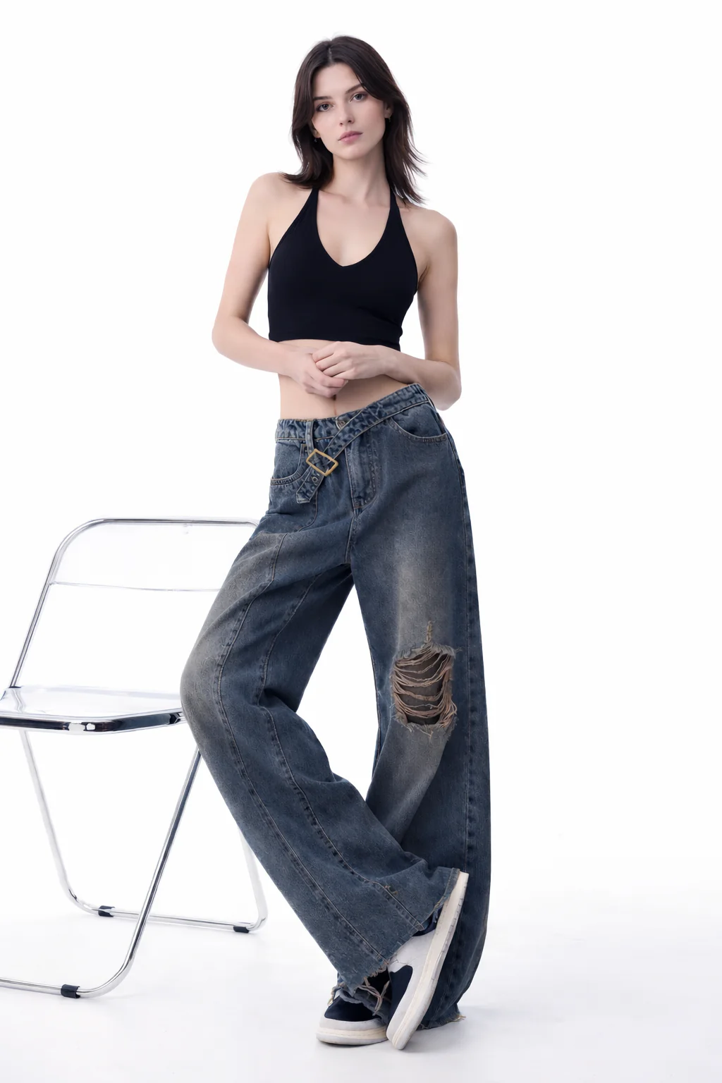 Off Beat Distressed Blue Baggy Jeans - Image 5