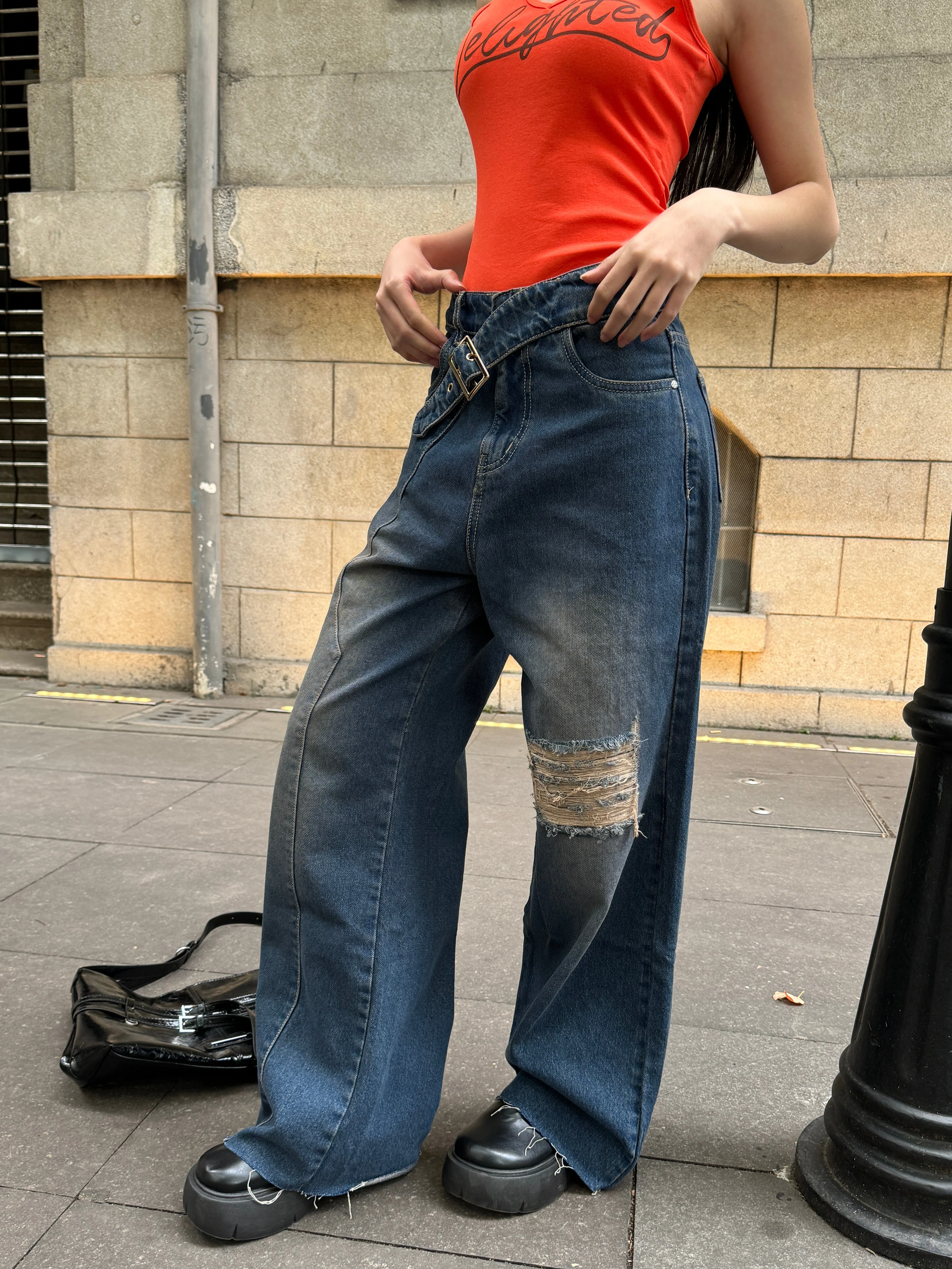 Off Beat Distressed Blue Baggy Jeans - Image 9