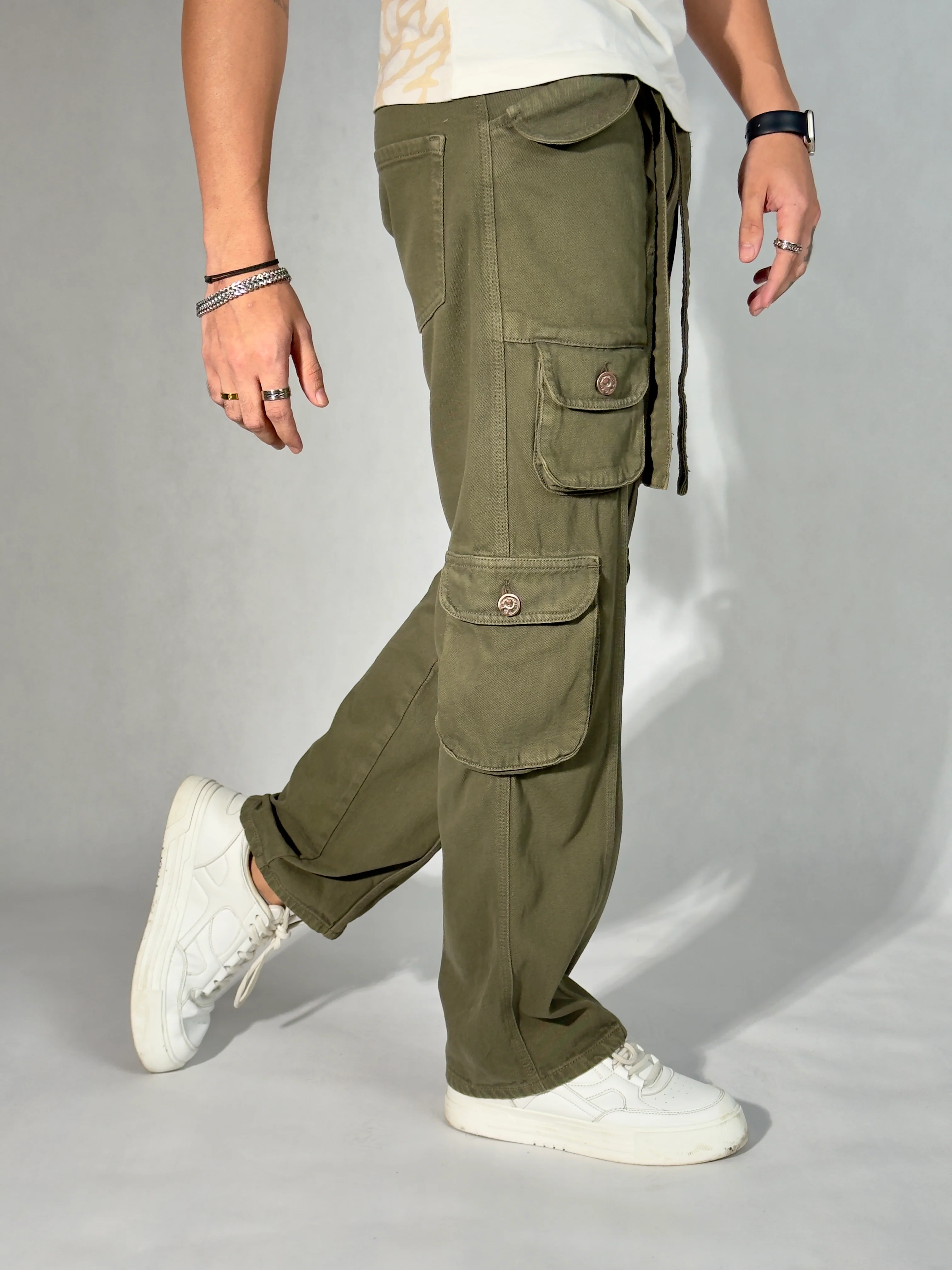 Olive Green Casual Cargo Baggy Jeans - Image 2