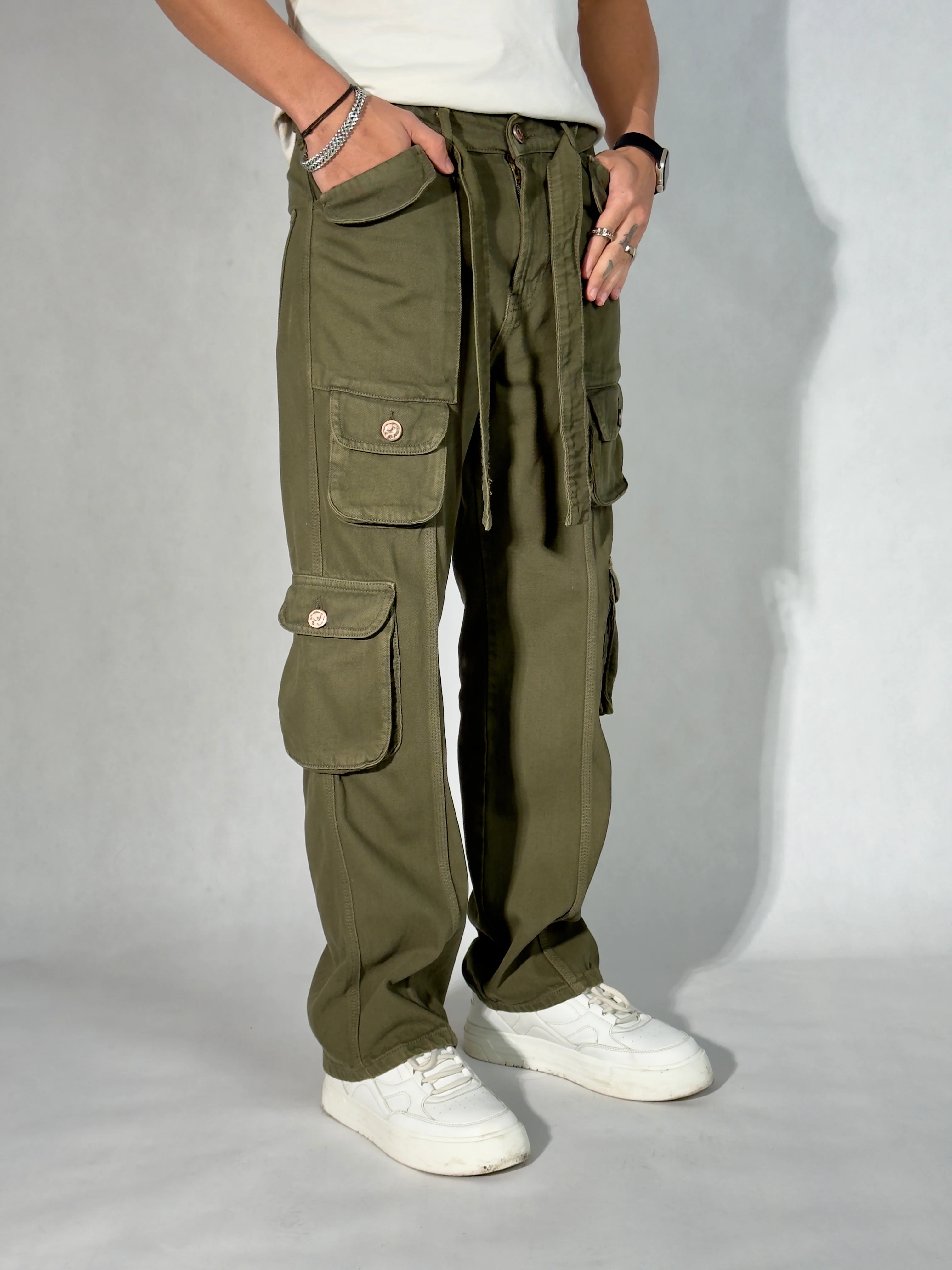 Olive Green Casual Cargo Baggy Jeans - Image 3