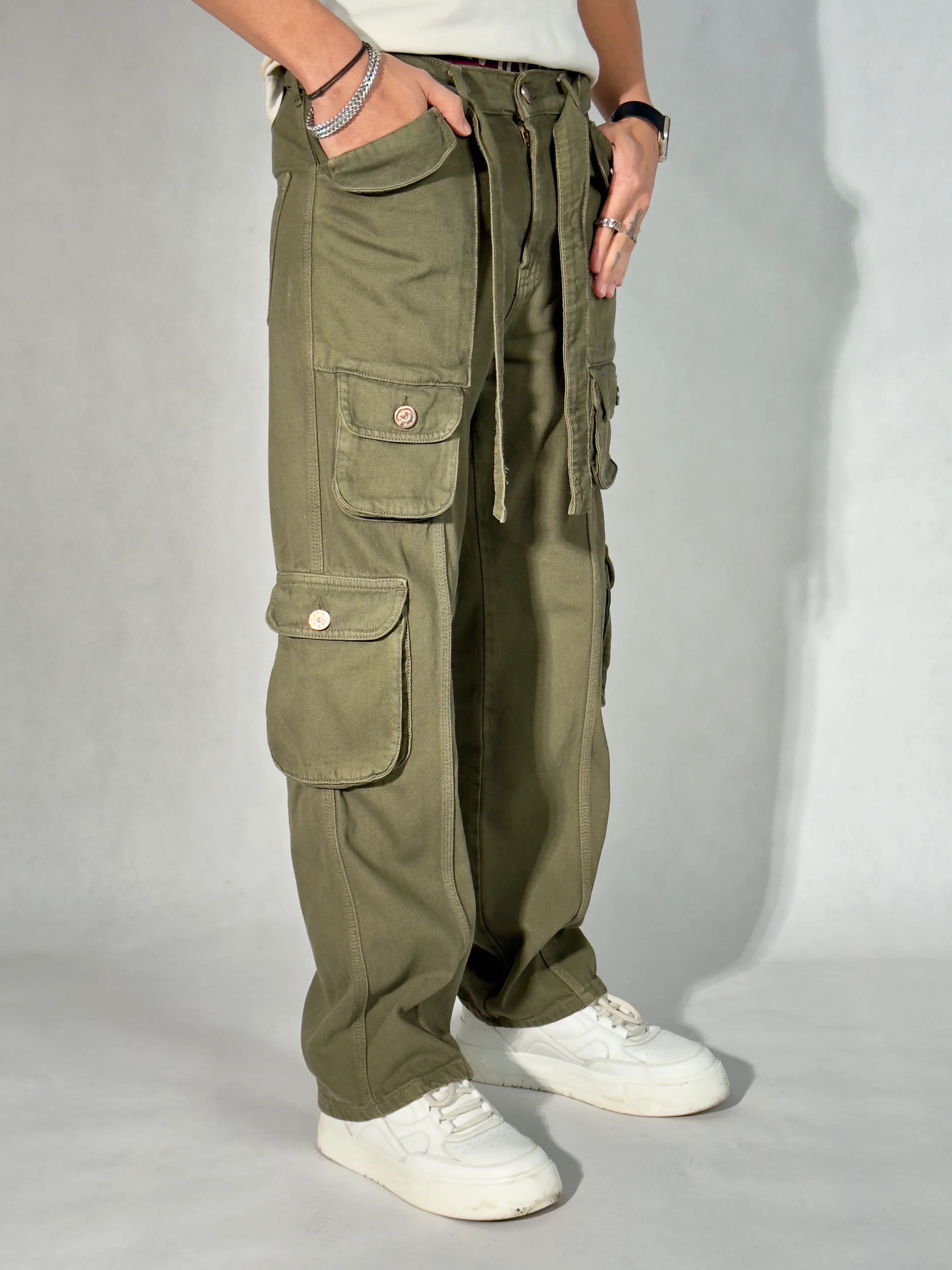 Olive Green Casual Cargo Baggy Jeans - Image 4
