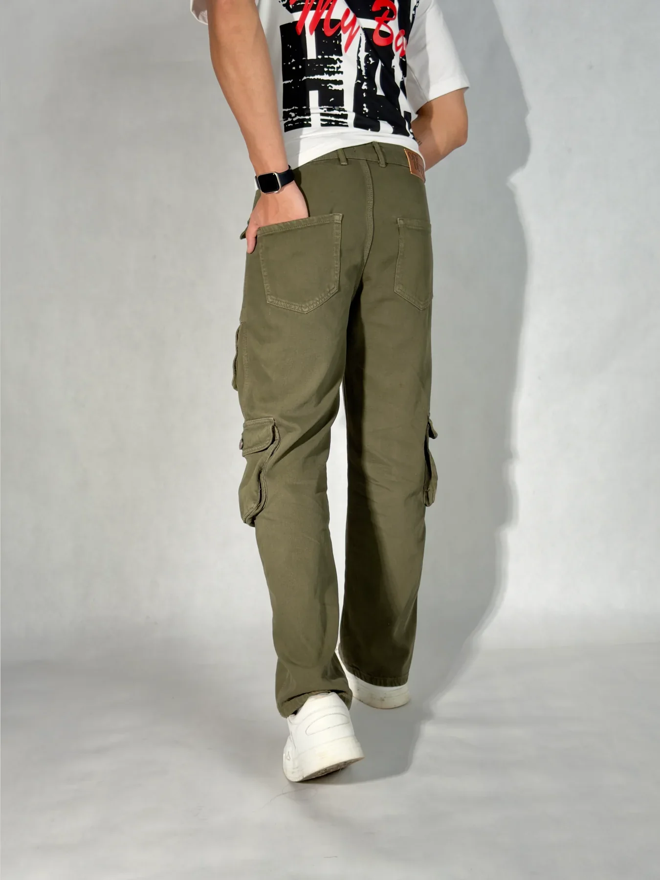 Olive Green Casual Cargo Baggy Jeans - Image 5