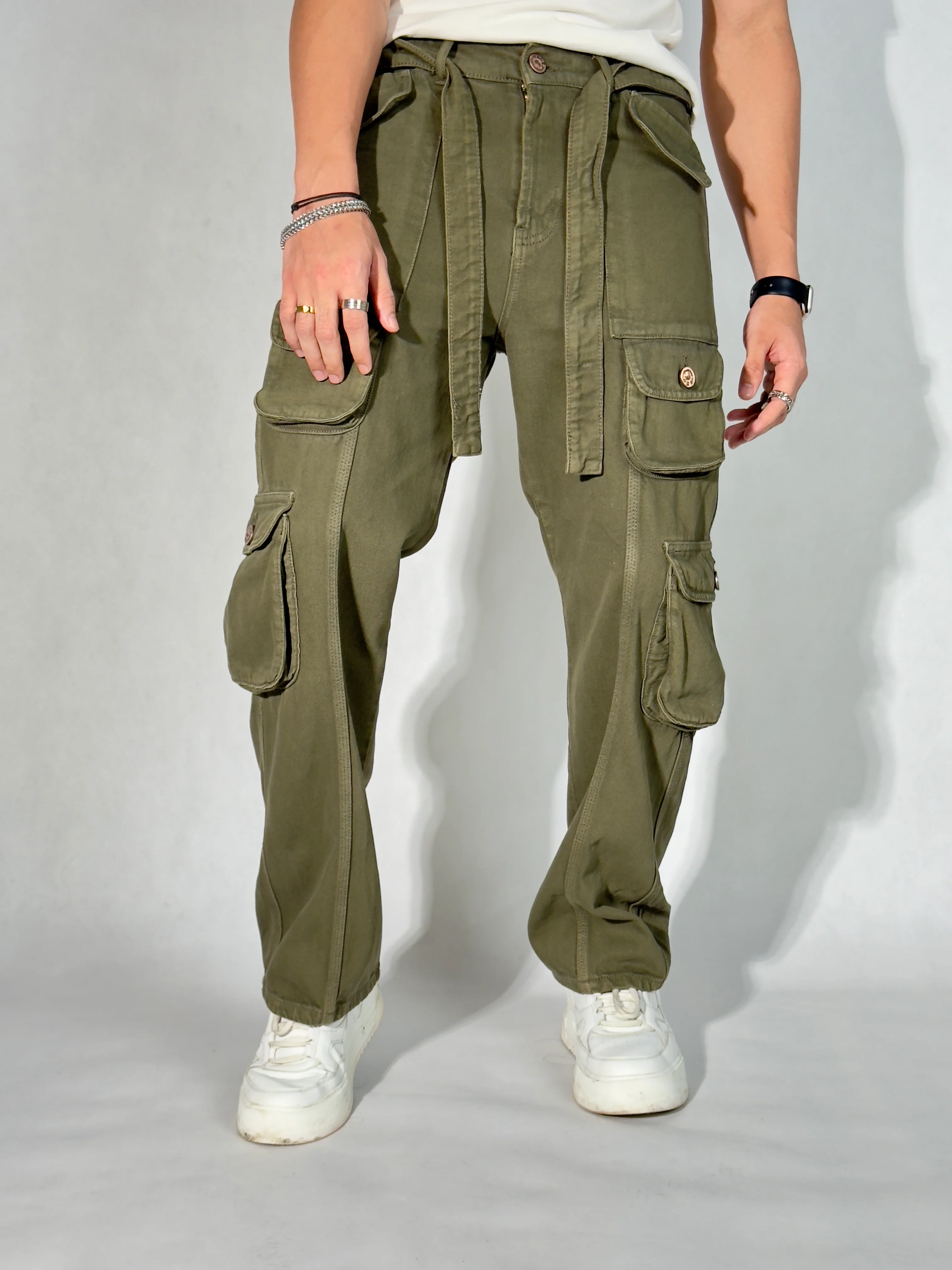 Olive Green Casual Cargo Baggy Jeans - Image 6