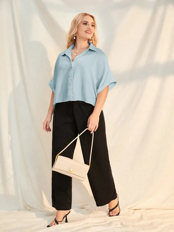 Plus Size Extended Cap Sleeves Short Shirt - Image 6