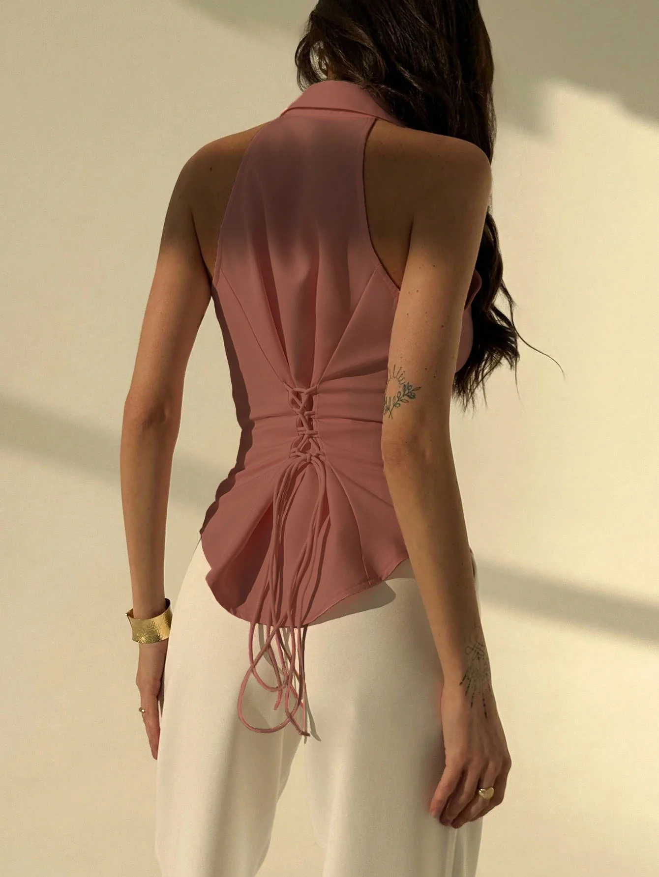 Polo Collar Shirt With Snatch Tie Waist - Image 13