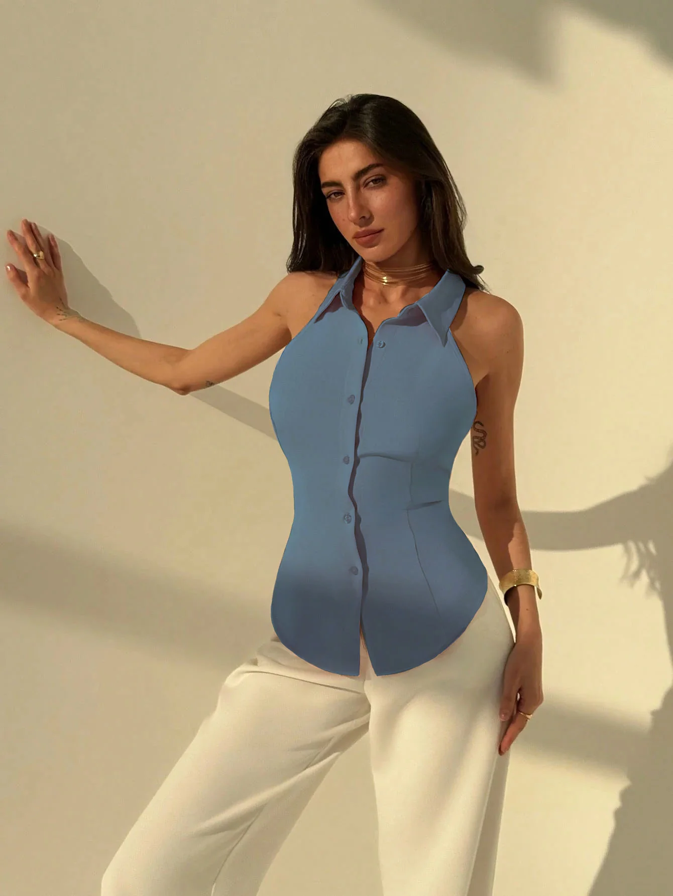 Polo Collar Shirt With Snatch Tie Waist - Image 17