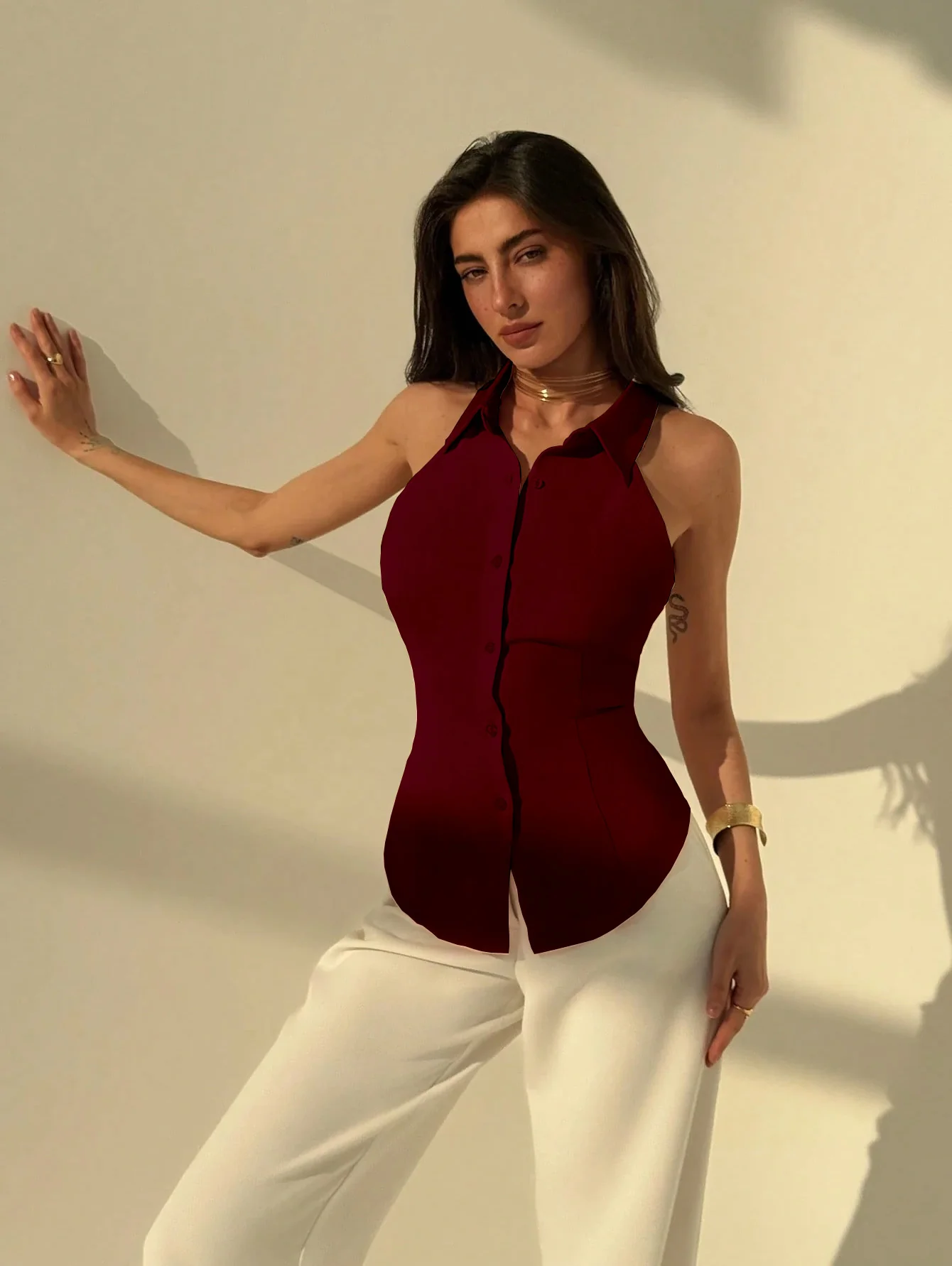 Polo Collar Shirt With Snatch Tie Waist - Image 4