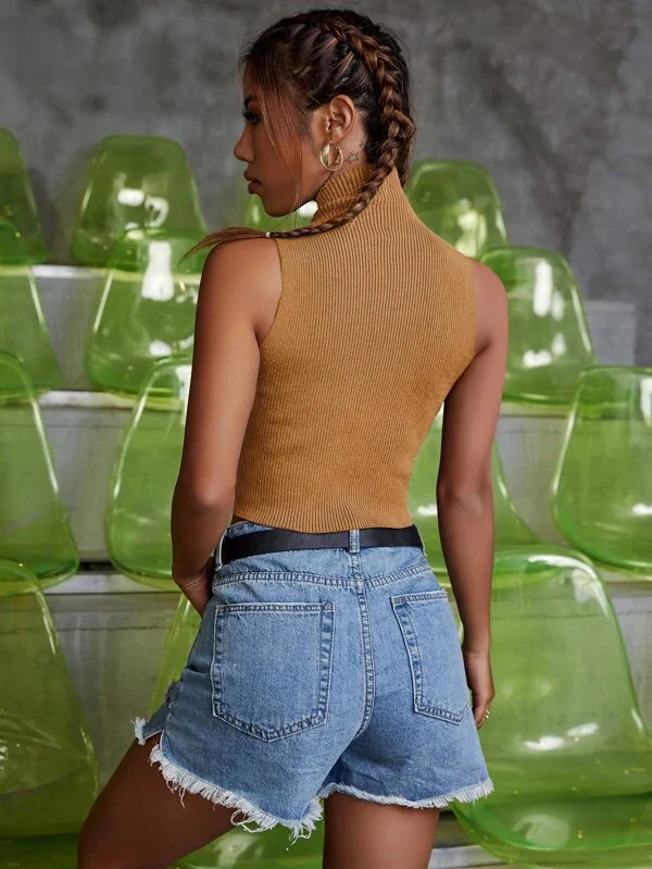Polo high neck Rib Sleeveless top - Image 3