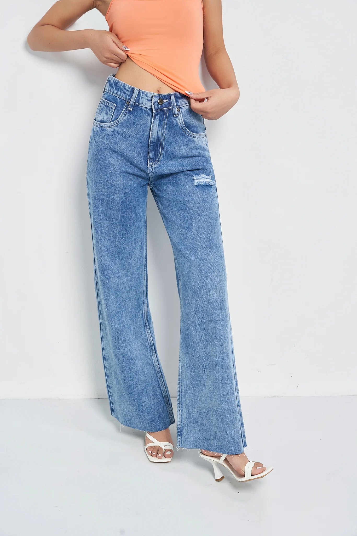 Raw Rip Stone Blue Wide Leg Jeans - Image 11