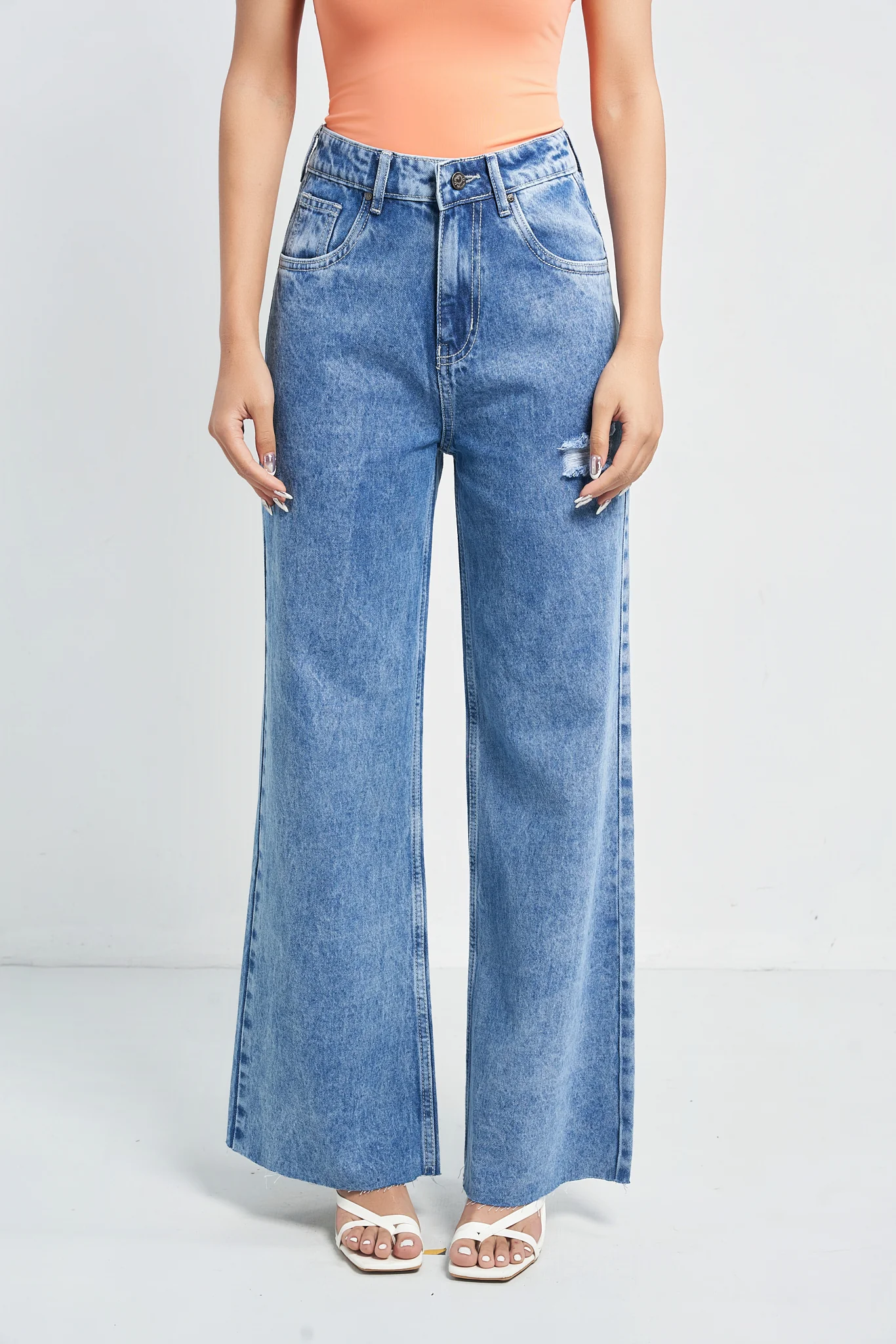 Raw Rip Stone Blue Wide Leg Jeans - Image 7