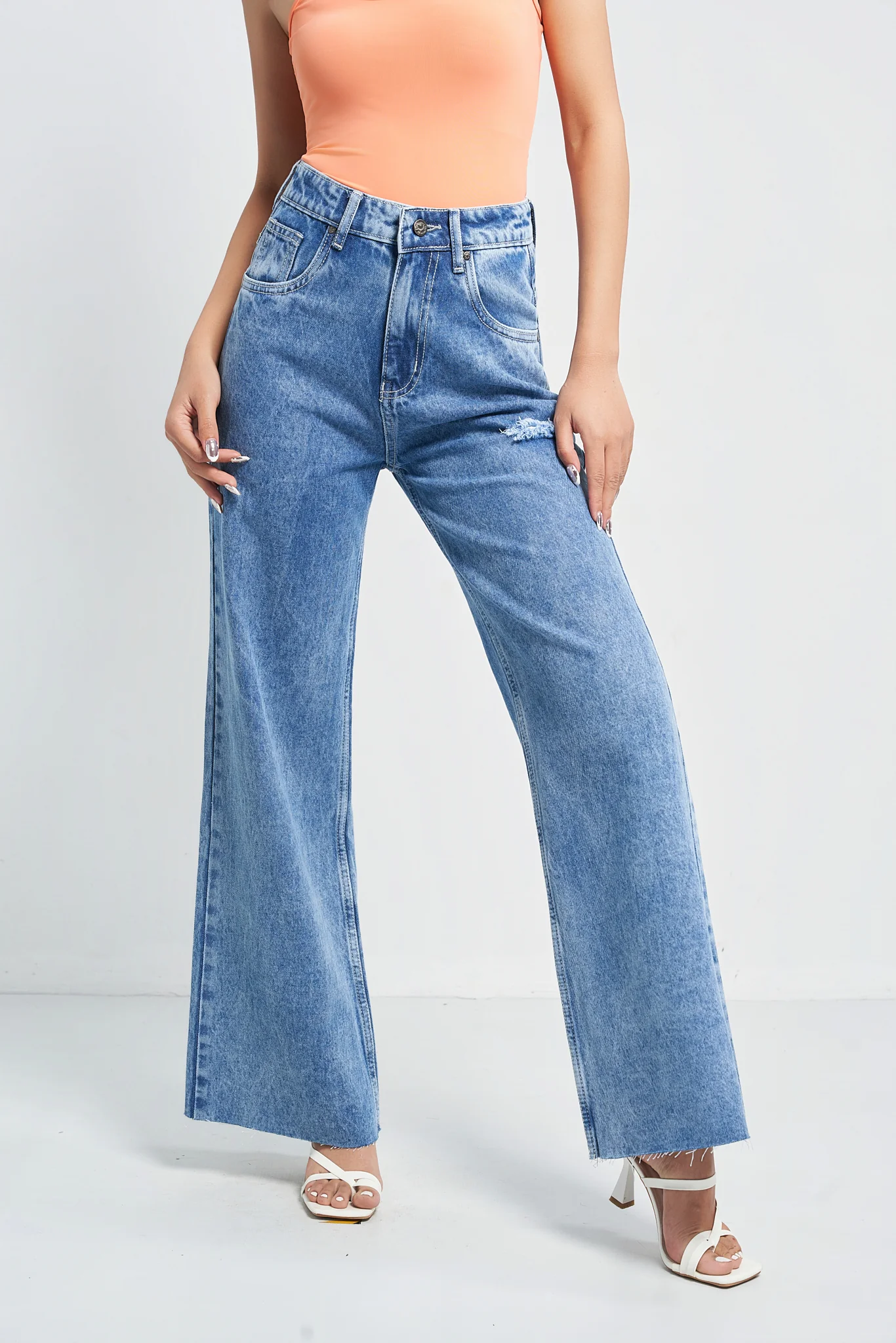 Raw Rip Stone Blue Wide Leg Jeans - Image 8