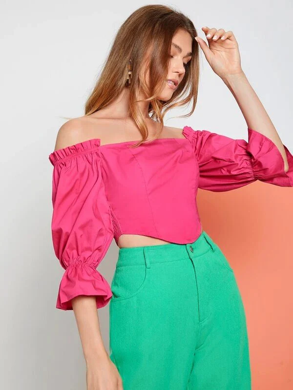 Shirred Flounce Sleeve Bardot Top - Image 5